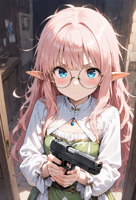 ((best quality)), ((masterpiece)), (detailed), perfect face, textured skin, ((super detail)), high quality, high details, soft focus, holding handgun, pink hair, elf, pointy ears, messy hair, Turn around and look at this, Large round glasses