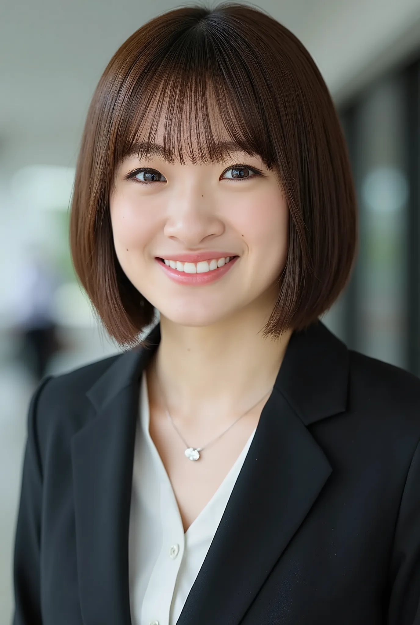 Neat Young Woman、and look at the camera、smile showing teeth、office lady suit、jacket、shirt、Hairstyle Shortcuts、bob hair、 pale brown hair、necklace、dark eyeshadow、upper body、Background is in a room、

