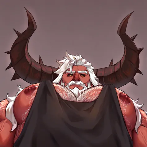 masterpiece, best quality, highres, newest, pec pov \(meme\), 1boy, solo, male focus, mature male, dark muted red skin, demon, gigantic branch horns, long spikey hair, white hair, black sclera, yellow eyes, black pupils, facial hair, mustache, beard, looki...