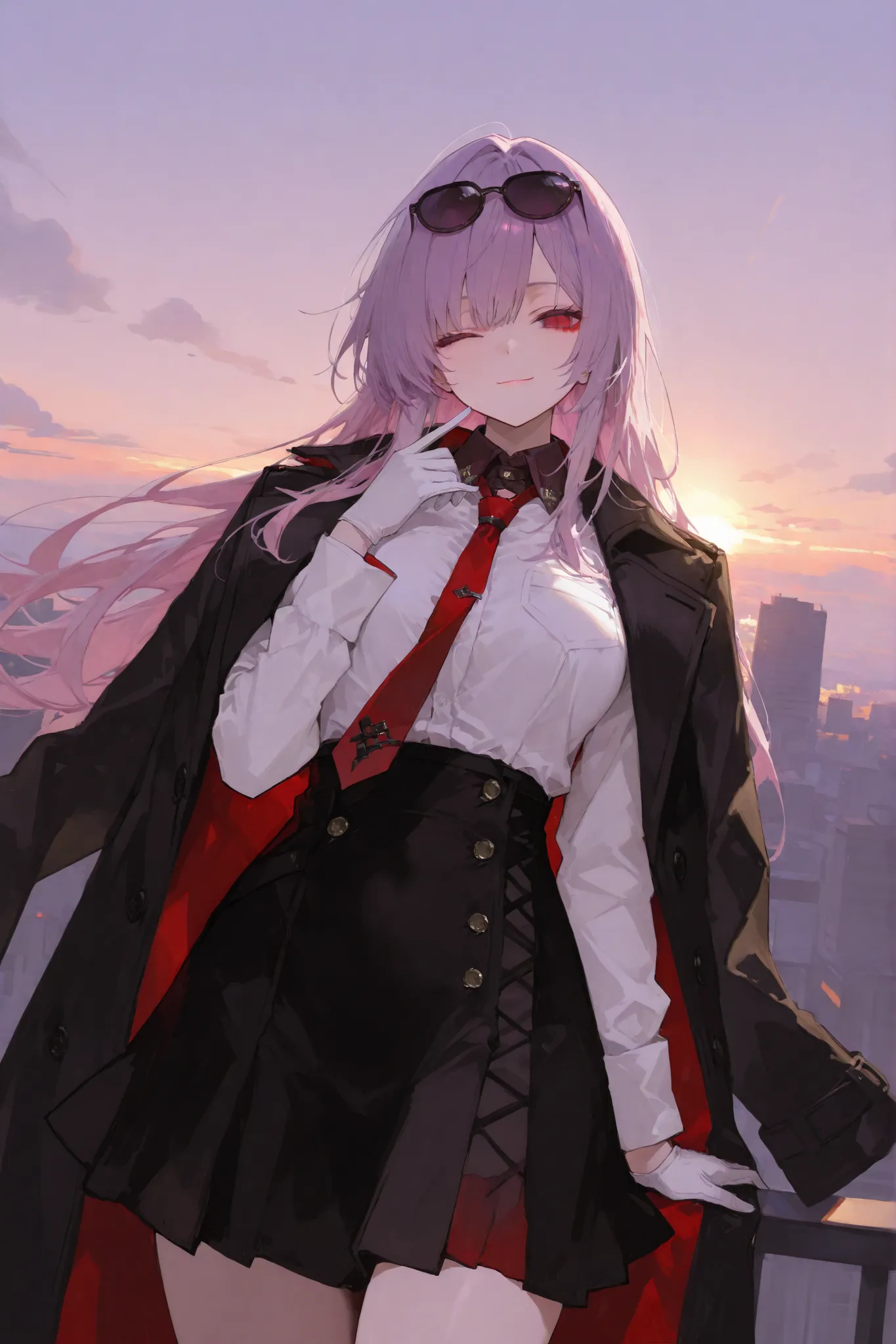 1girl, eyewear_on_head, long_hair, solo, sunglasses, one_eye_closed, light_purple_hair, shirt, looking_at_viewer, white_shirt, white_gloves, gloves, skirt, necktie, coat, long_sleeves, bangs, sunset, closed_mouth, smile, high-waist_skirt, breasts, black_sk...