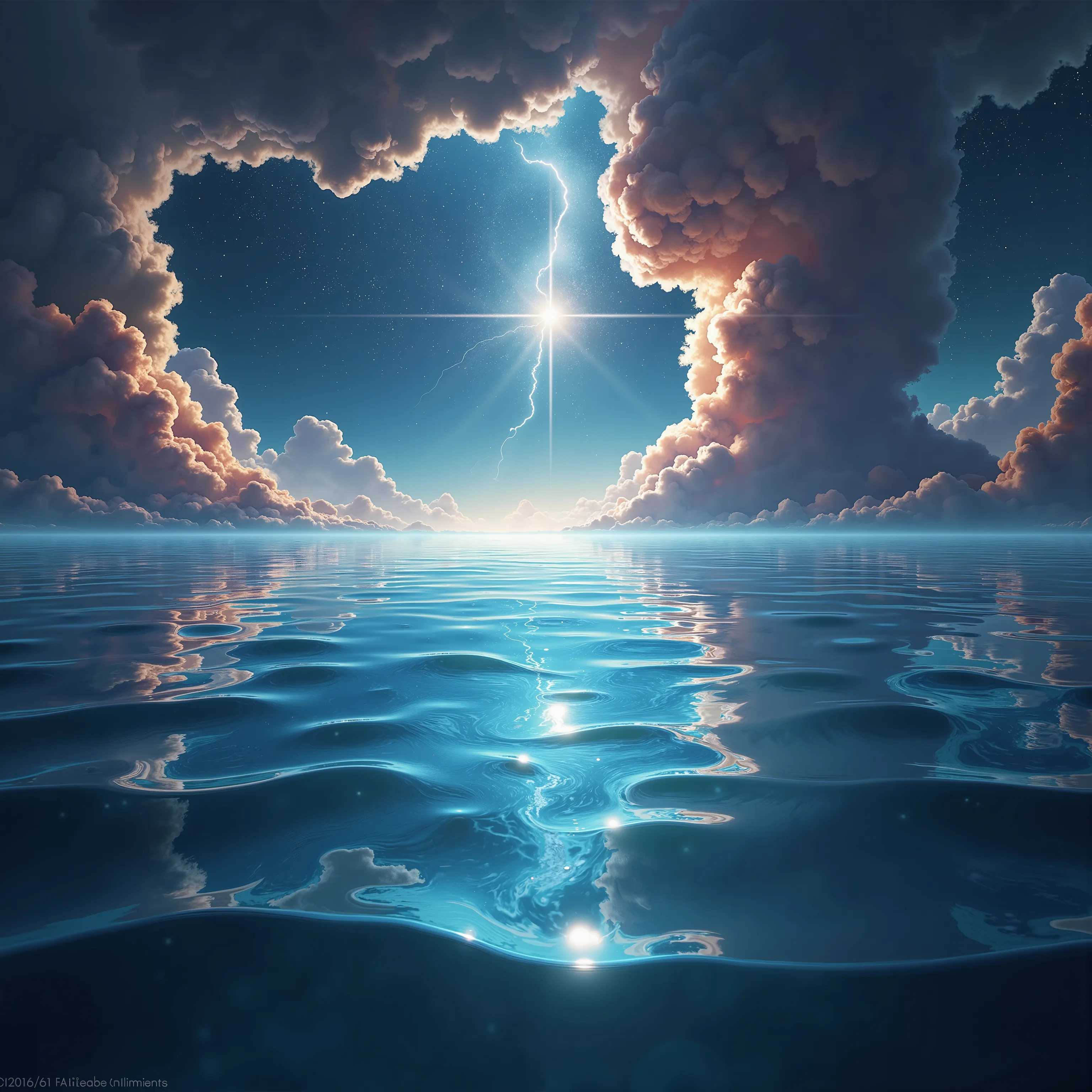 A large expanse of water in space, with images of beautiful reflected in it.rearistic,wave water,clear colors