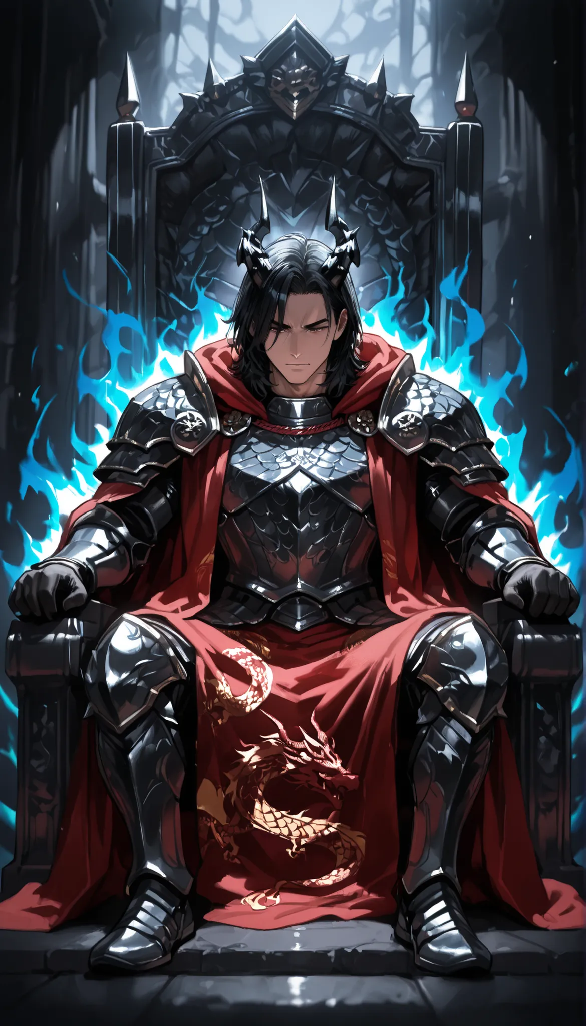 yakuza young boy, black hair, medium hair, handsome, Breastplate , Demon armor, black metal armor , thick armor , full armor, Detailed armor , Black Plate Armor, dragon patterns, dragon horn, red cloak, throne, dragon aura, laught