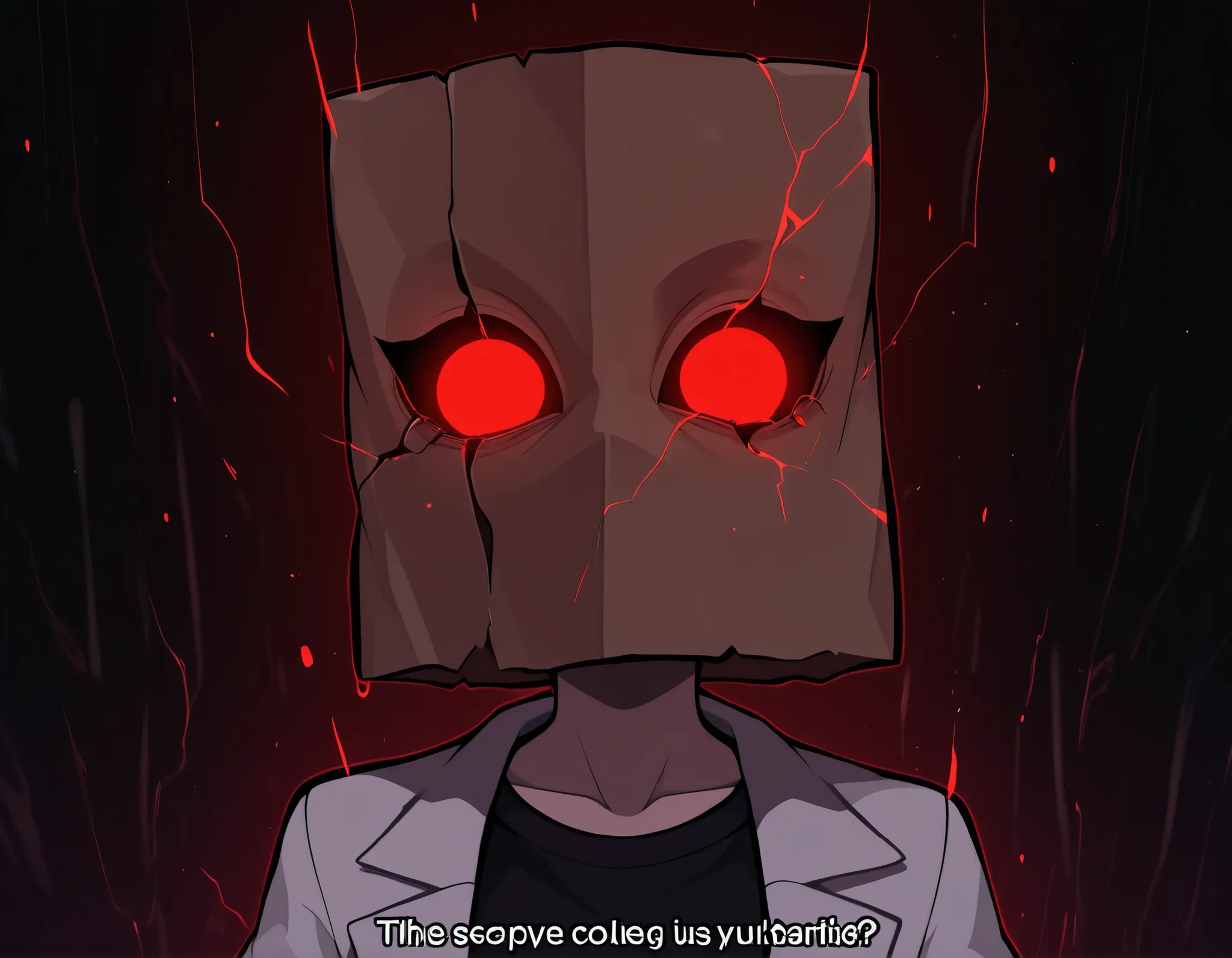 score_9, score_8_ up, score_7_ up, gwainsaga, A mysterious humanoid character with a paper bag mask over their head, featuring glowing red, cracked eyes behind round black glasses, exuding a menacing and unstable aura. The paper bag is jagged and tattered ...