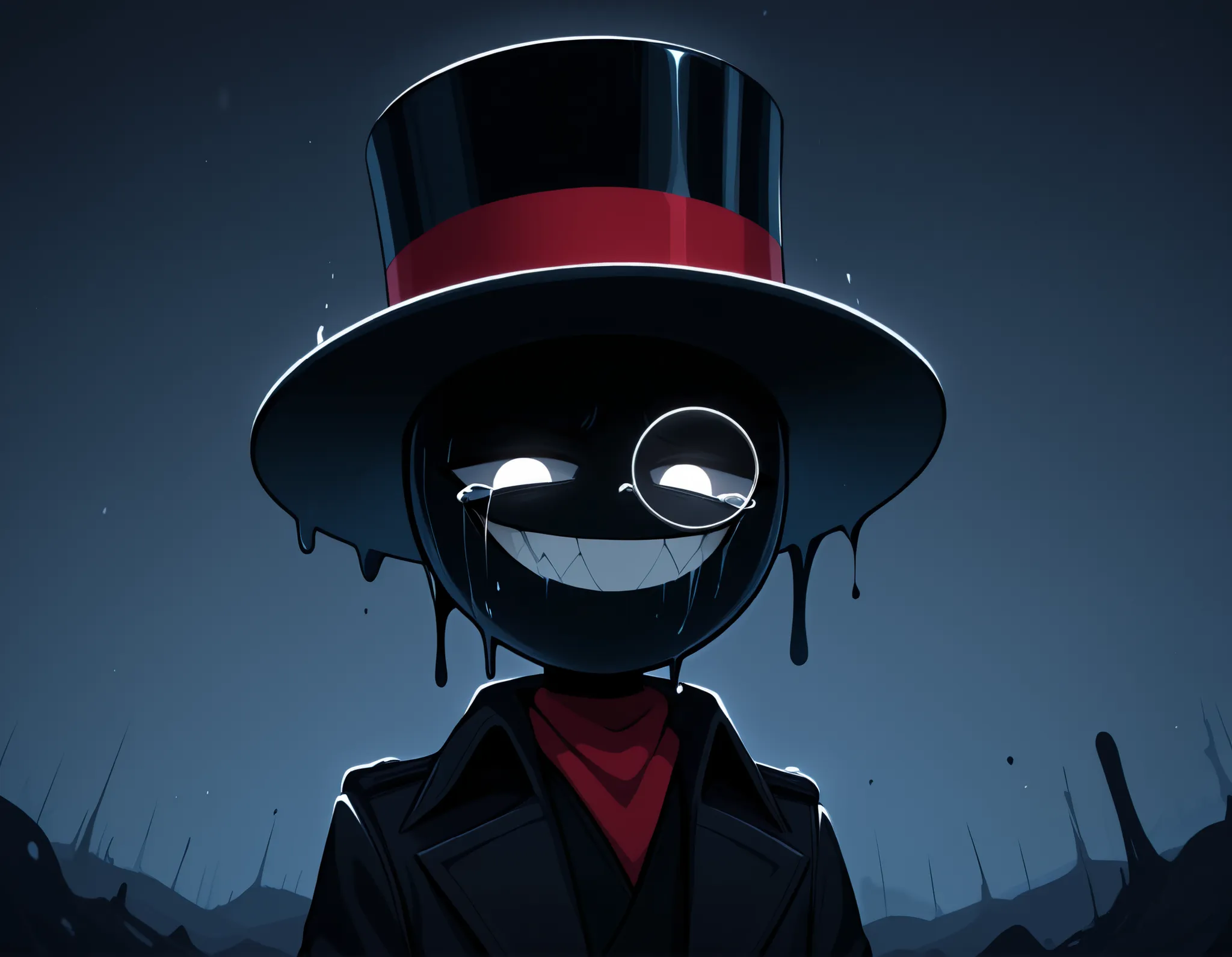 score_9, score_8_ up, score_7_ up, gwainsaga, A sinister humanoid villain with a half-corrupted face, standing against a stormy, dark sky. He wears a black top hat with a red band, and a dark trench coat with a crimson collar. The right side of his face is...