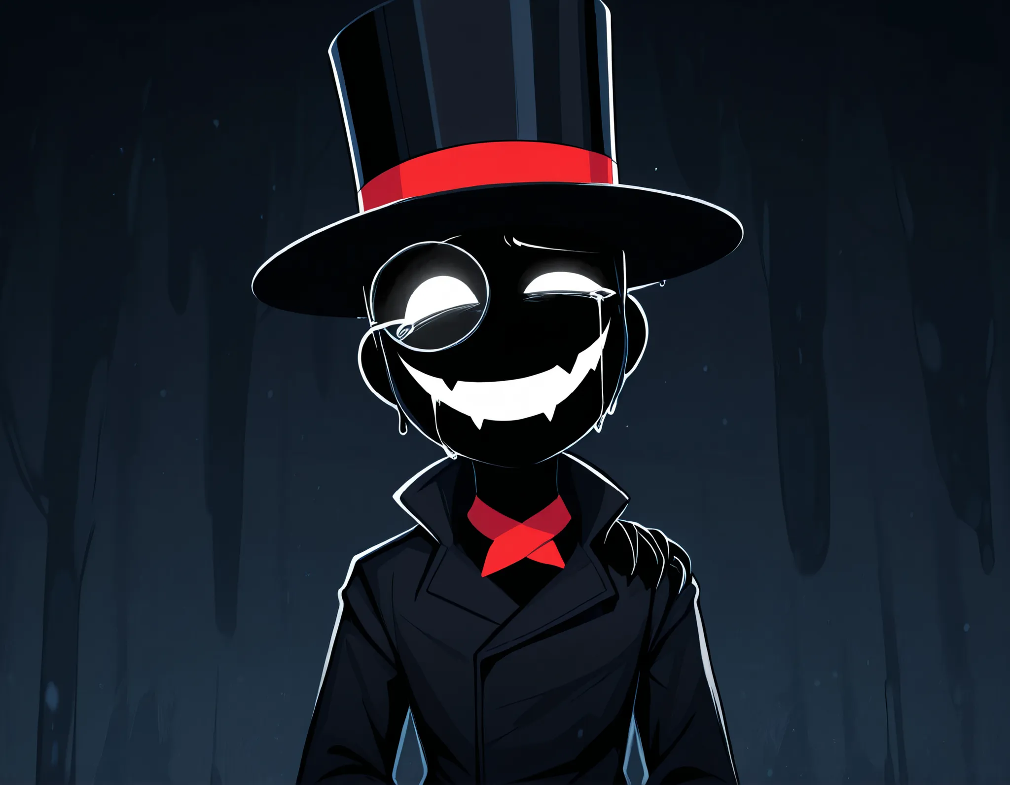 score_9, score_8_ up, score_7_ up, gwainsaga, A sinister humanoid villain with a half-corrupted face, standing against a stormy, dark sky. He wears a black top hat with a red band, and a dark trench coat with a crimson collar. The right side of his face is...