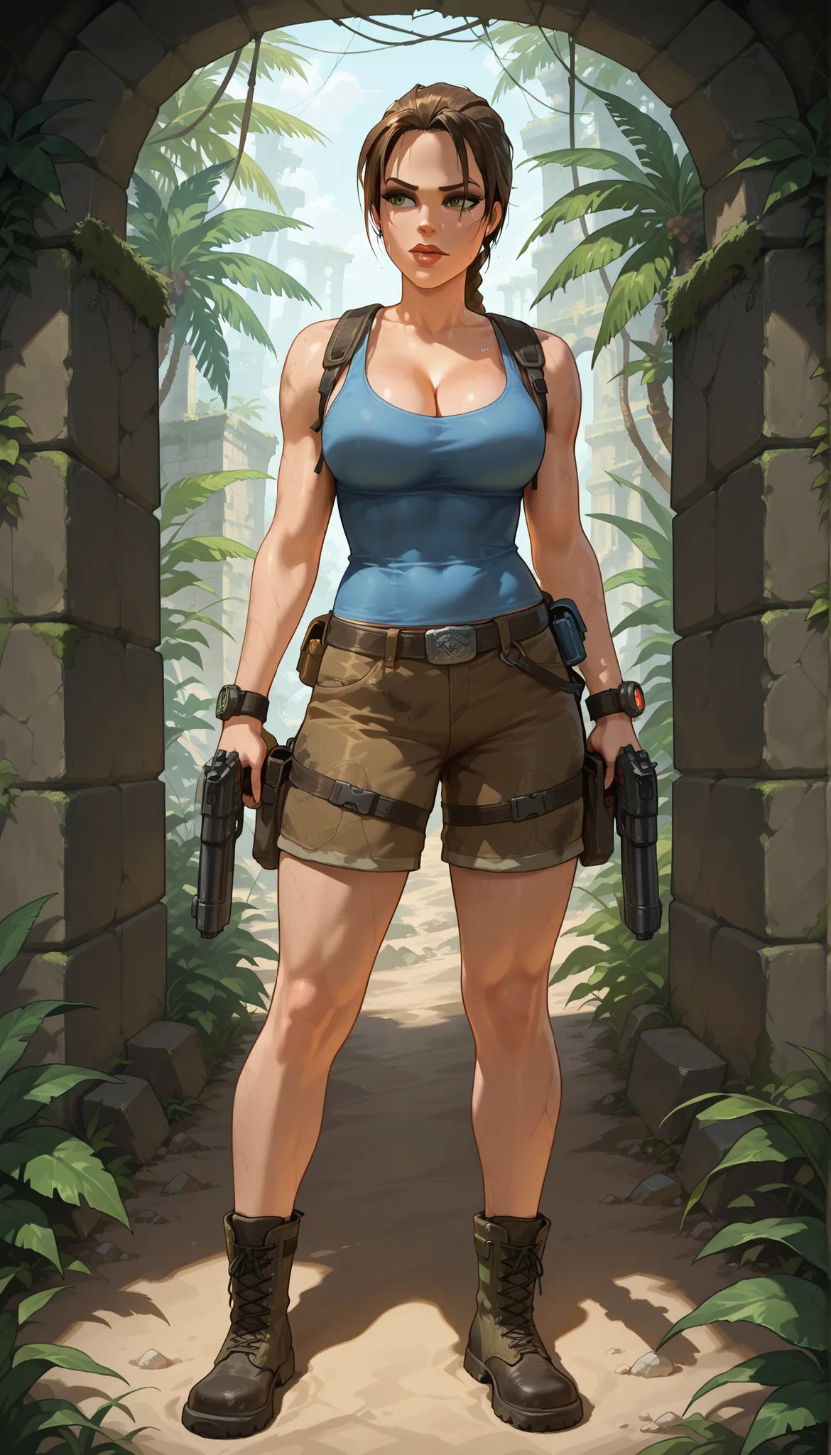 Lara Croft Tomb Raider, wielding guns and exploring ancient ruins. (best quality,ultra-detailed),lara croft,adventurous,dangerous,young woman,strong,brave,athletic,treasure hunter,fearless,long brown hair,wearing cargo shorts,combat boots, blue tank top,gr...