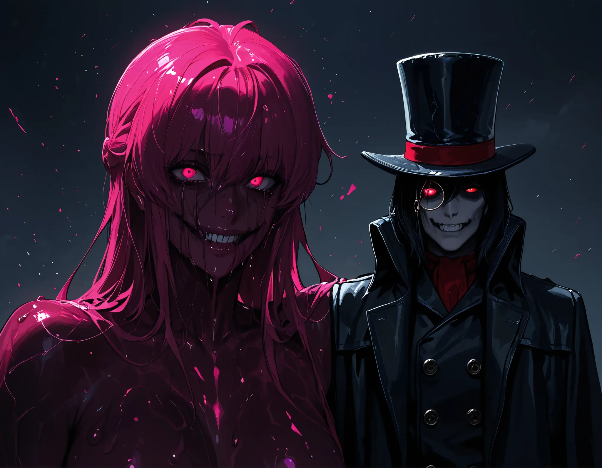 score_9, score_8_ up, score_7_ up, Takeda, A sinister humanoid villain with a half-corrupted face, standing against a stormy, dark sky. He wears a black top hat with a red band, and a dark trench coat with a crimson collar. The right side of his face is sm...
