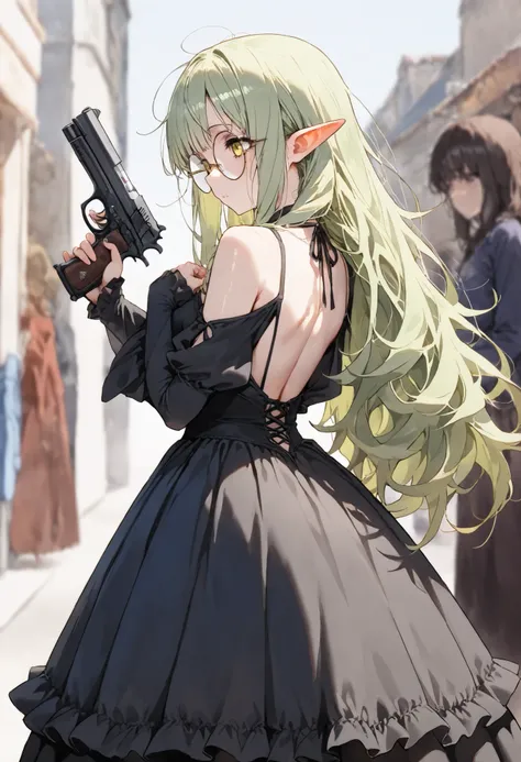 ((best quality)), ((masterpiece)), (detailed), perfect face, textured skin, ((super detail)), high quality, high details, soft focus, holding handgun, green hair, elf, pointy ears, messy hair, a girl show her back, turn around and look at me, Large round g...