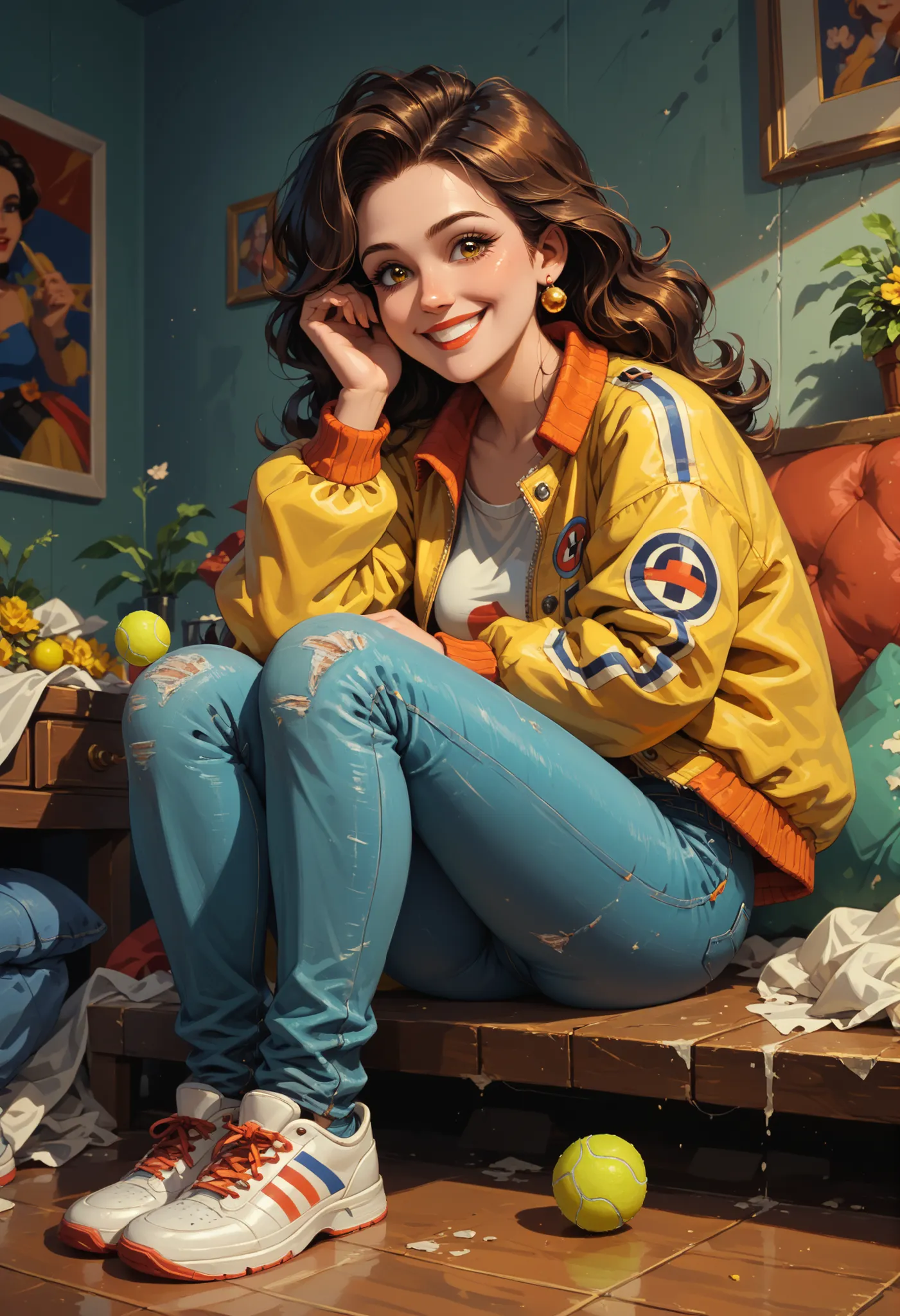 A high definition hand drawn illustration of a beautiful woman, sitting playing video games, dressed in a bright yellow jacket, jeans and tennis shoes, smiling happily immersed in the game, the place is a messy room, on the walls you can see decorations al...