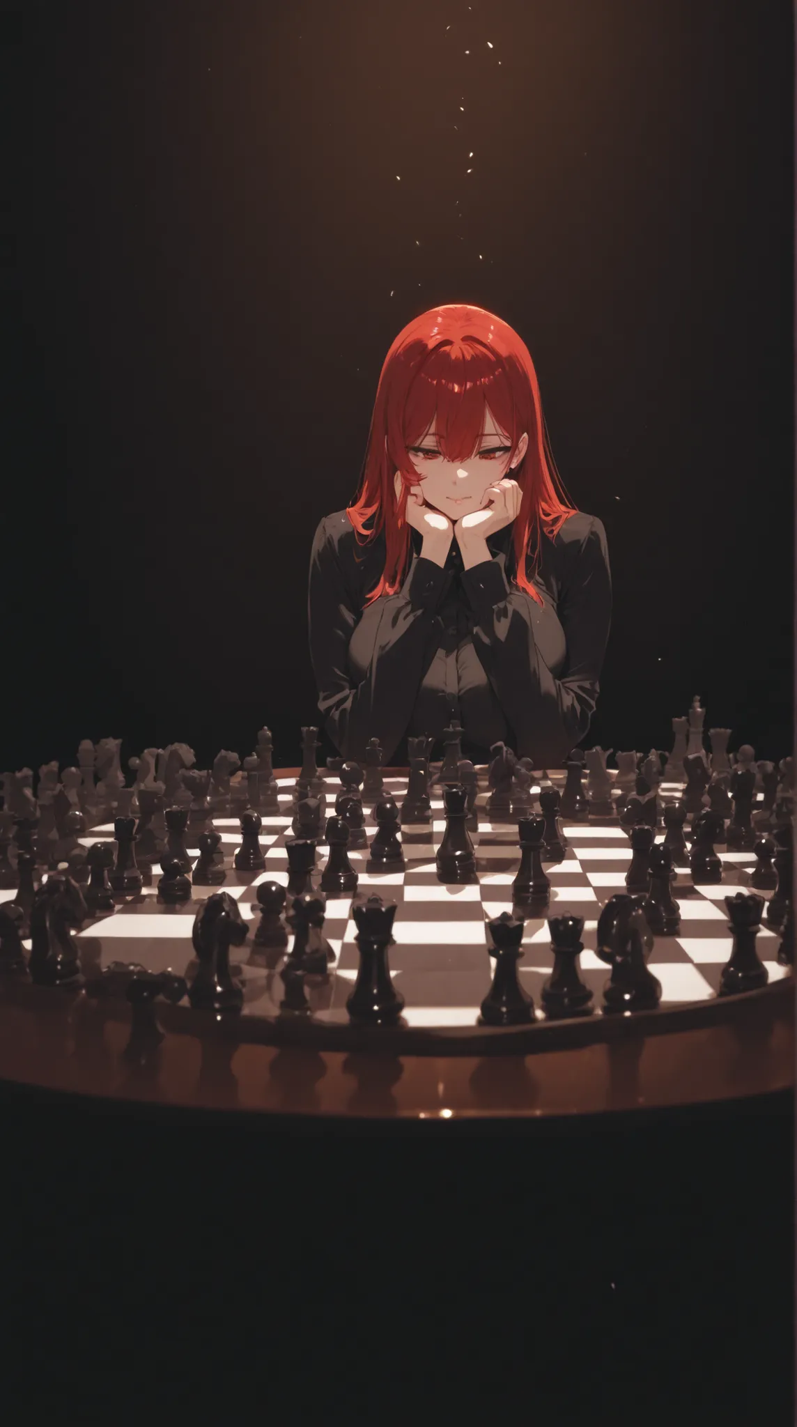 Manga convention, Women playing chess in the park. You are sitting at a chess table in a sea of flowers. Colourfull. Happines.