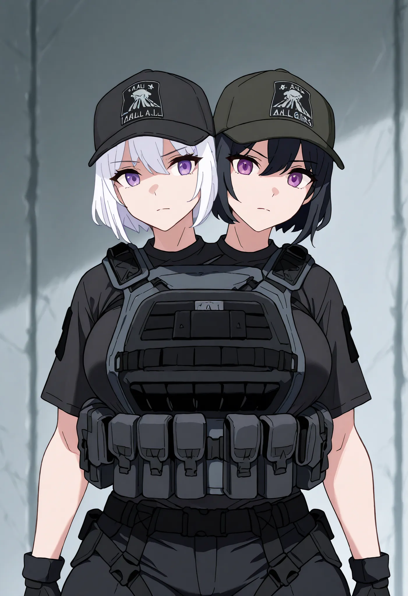 conjoined, 2girls, 2heads, two heads, a tall thin girls with 2 heads, white hair, black hair, short hair, purple eyes, large breasts, black combat shirt, black shirt, black pants, bulletproof vest, loose black gaiters, black gloves, tactical gear, baseball...