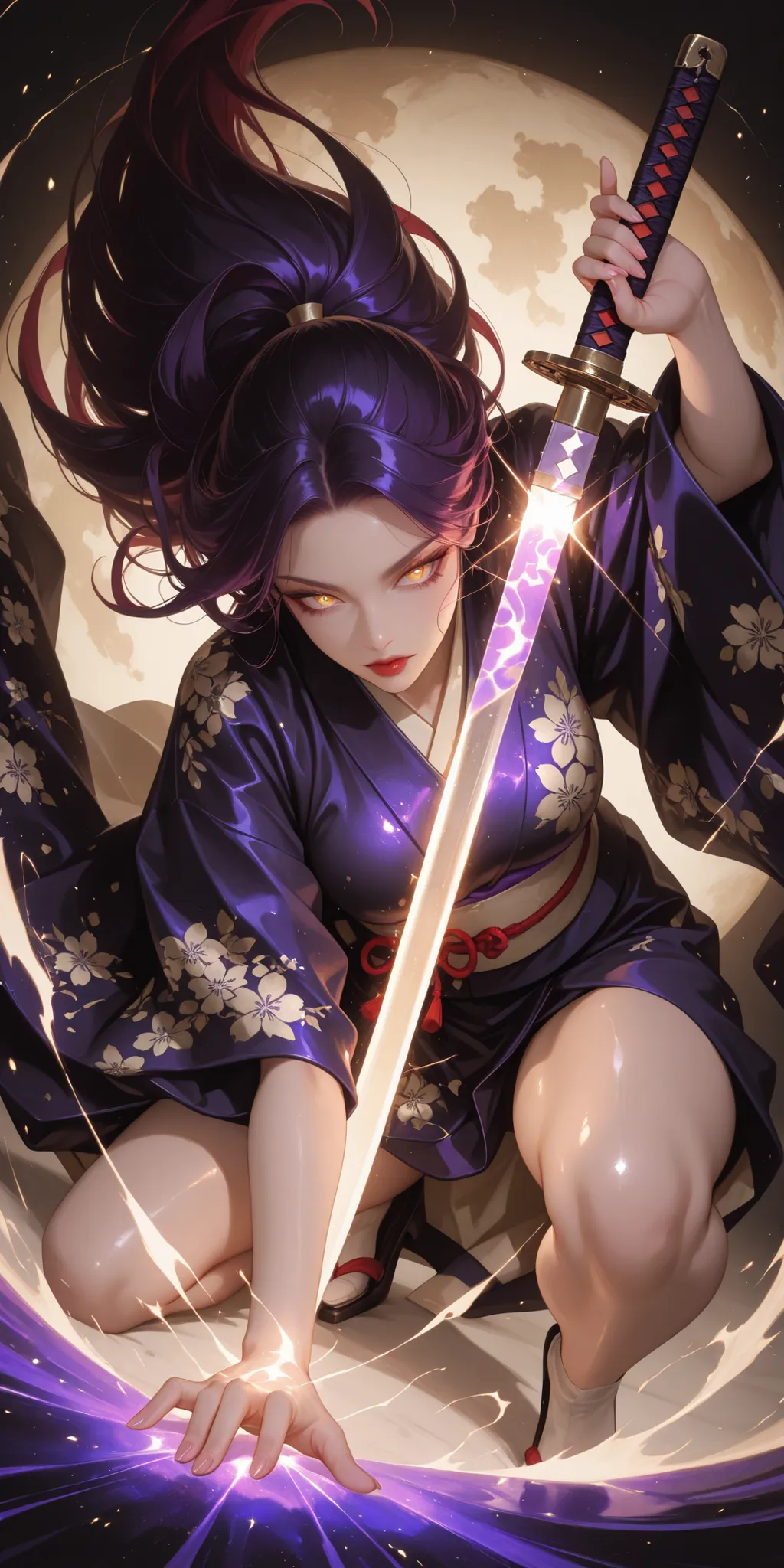 Girl, kimono, black color, beige color, red color, purple color, iridescence, glow, shine, glossy, dynamic pose, dynamic angle, holding katanA, glowing katana, She poses playfully on one knee, reaching out with one hand while holding a sword in the other. ...
