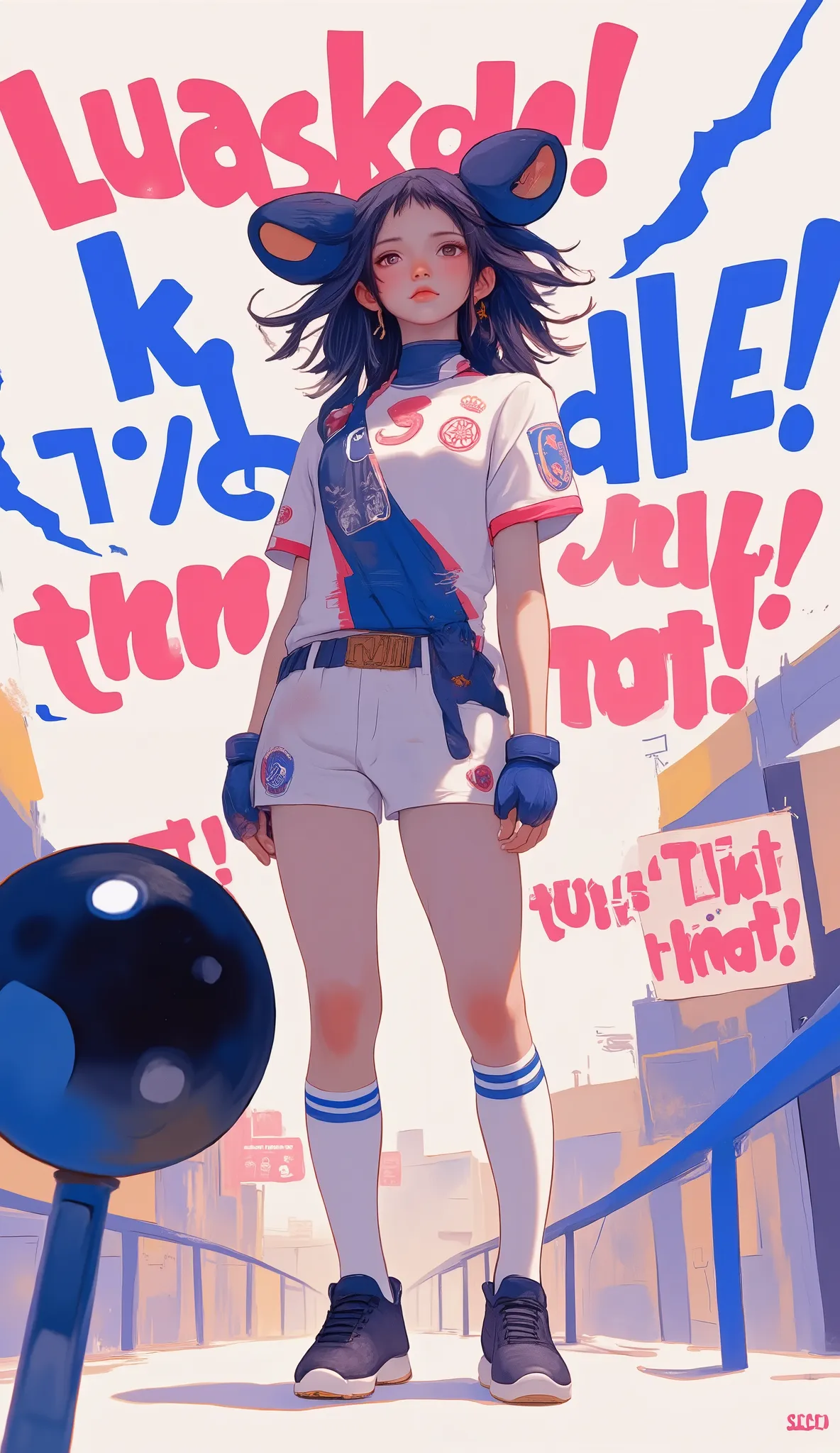 What is a dynamic illustration of a soccer player moving on a miniature stadium、grabs viewers' attention. athletes are midstride, donning a white jersey with red blue accents, and white shorts, knee socks, black cleats. The player's posture suggests agilit...