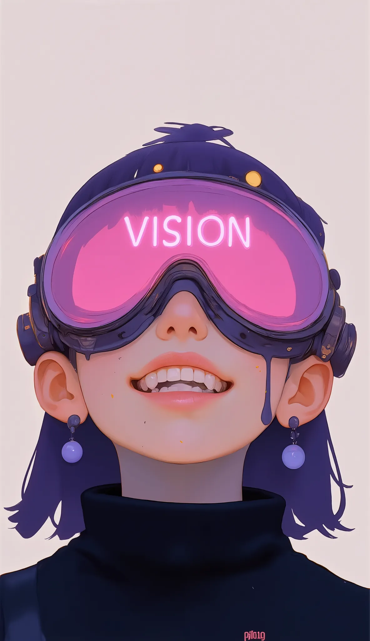 画像teeth人の芸術的なイラストをクローズアップしたものですface, teeth、主にhigh techゴーグルで隠されてしまう上部に焦点を当てています。. ゴーグルteethフレームの大部分を占めます, With the word "vision" Bold, pink letters. ゴーグルの反射面teethなめらかな, Futuristic Design, teeth仮想現実や拡張現実のテーマを示唆しています. through a transparent visor, There is a b...