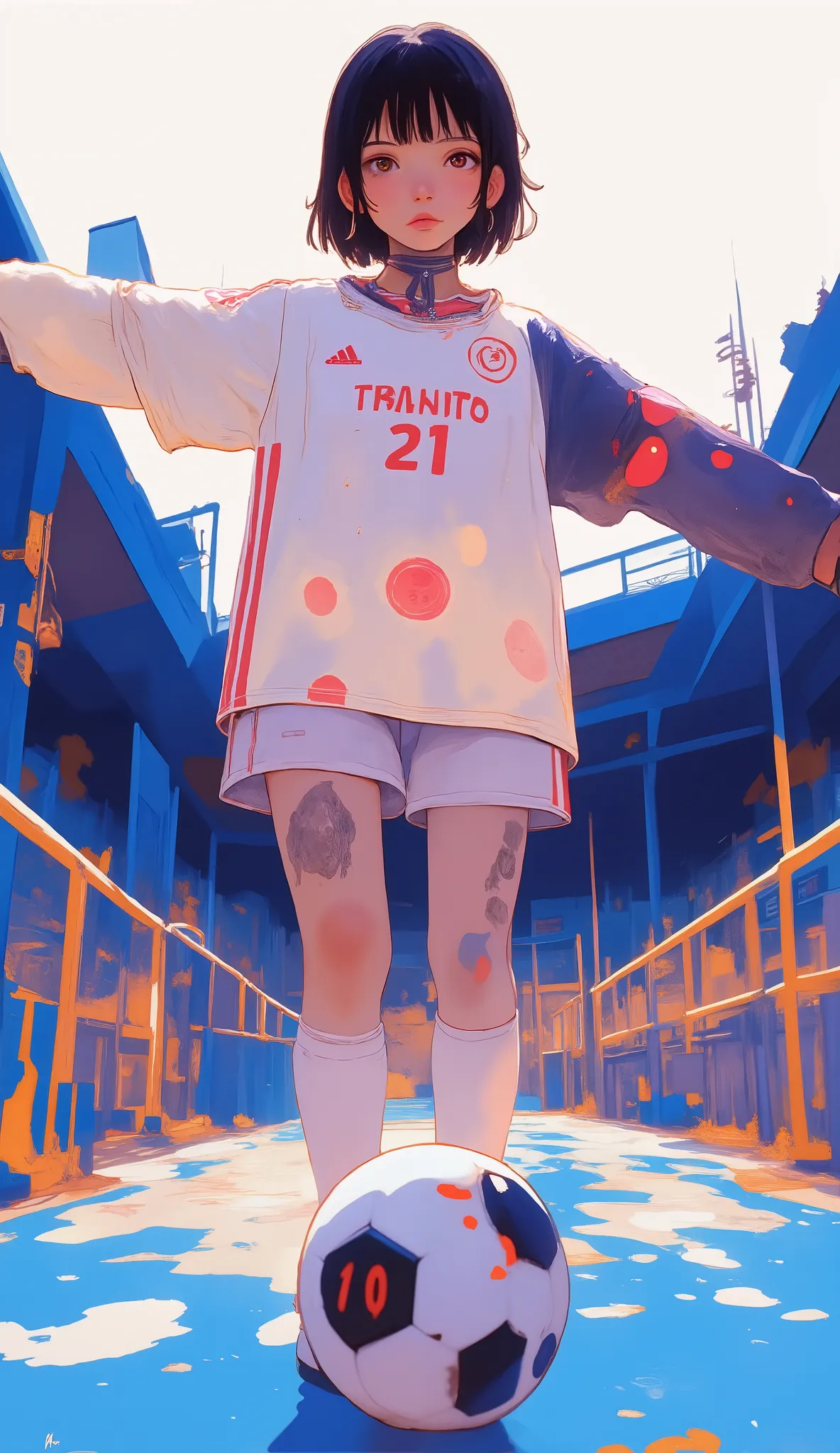 A dynamic illustration of a soccer player lifting on a miniature stadium、grabs viewers' attention. athletes are midstride, donning a white jersey with red blue accents, and white shorts, knee socks, black cleats. The player's posture suggests agility speed...