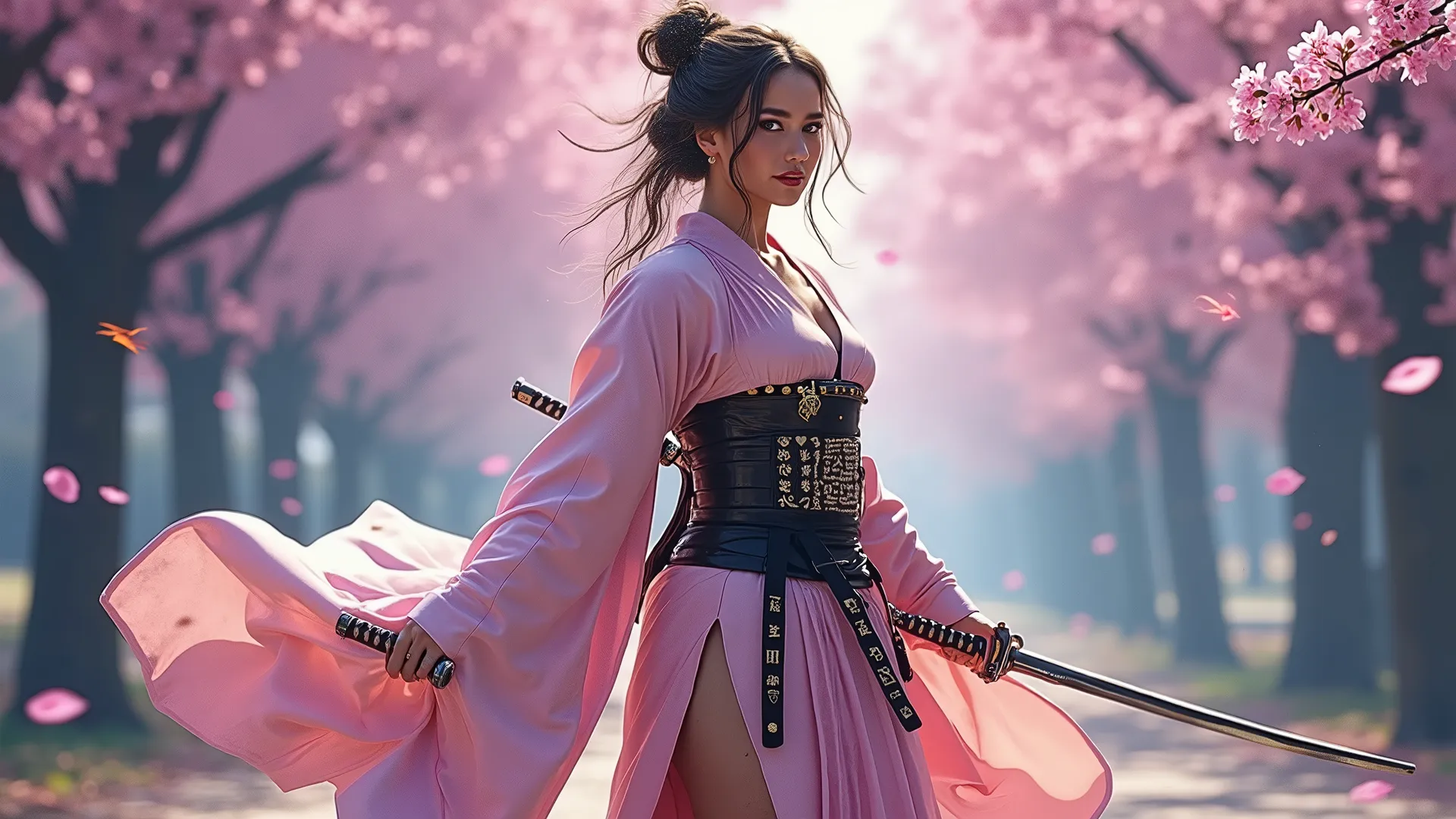 Full body of a luxurious, photorealistic woman embodying a blend of character and realism, depicted as a well-endowed, busty Asian samurai. She stands elegantly in a kimono that drapes scantily, paired with traditional samurai armor adorned with white and ...