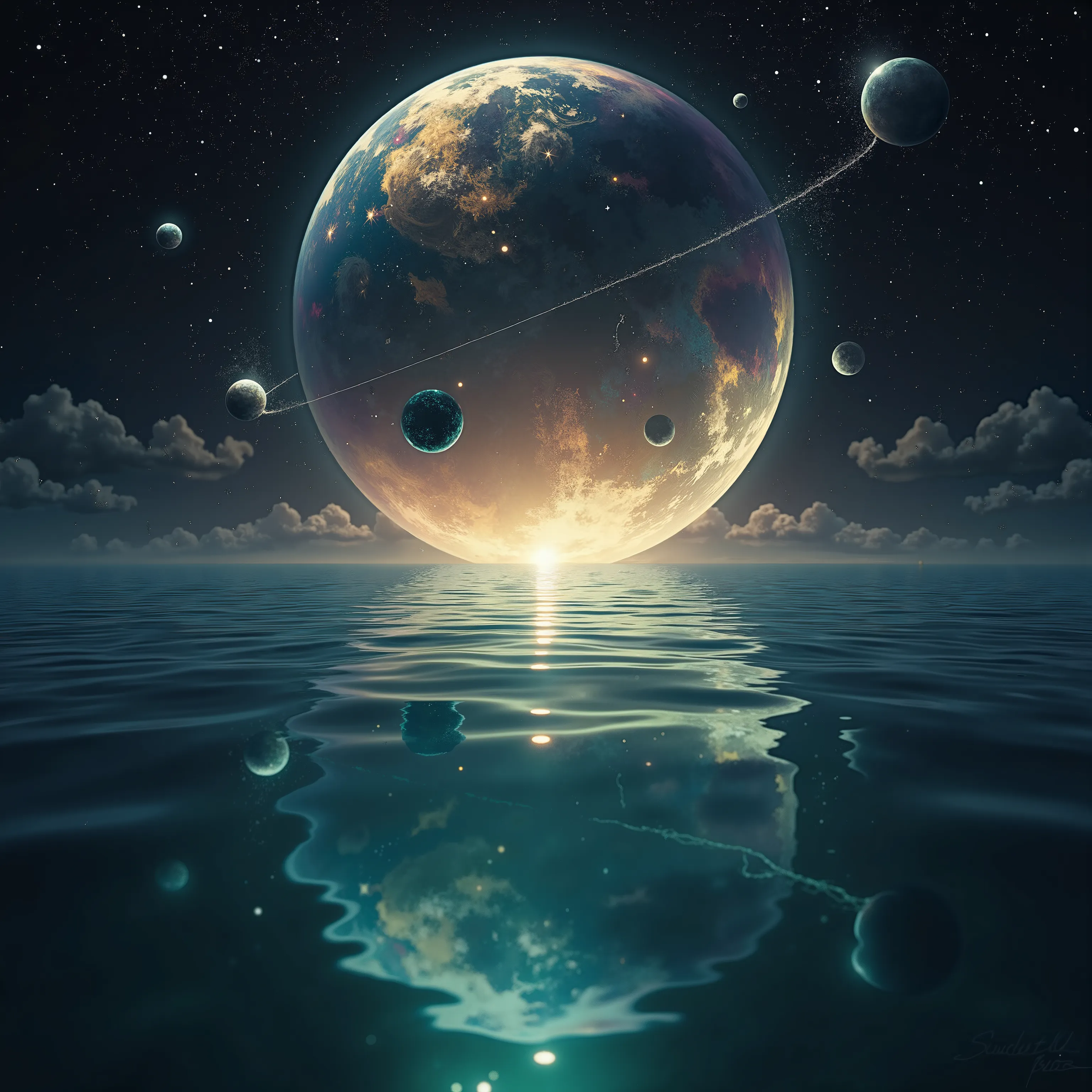 A large expanse of water in space, with images of beautiful reflected in it.rearistic,wave water,ultra clear colors , Mystical and fantastical, various colors,gradation