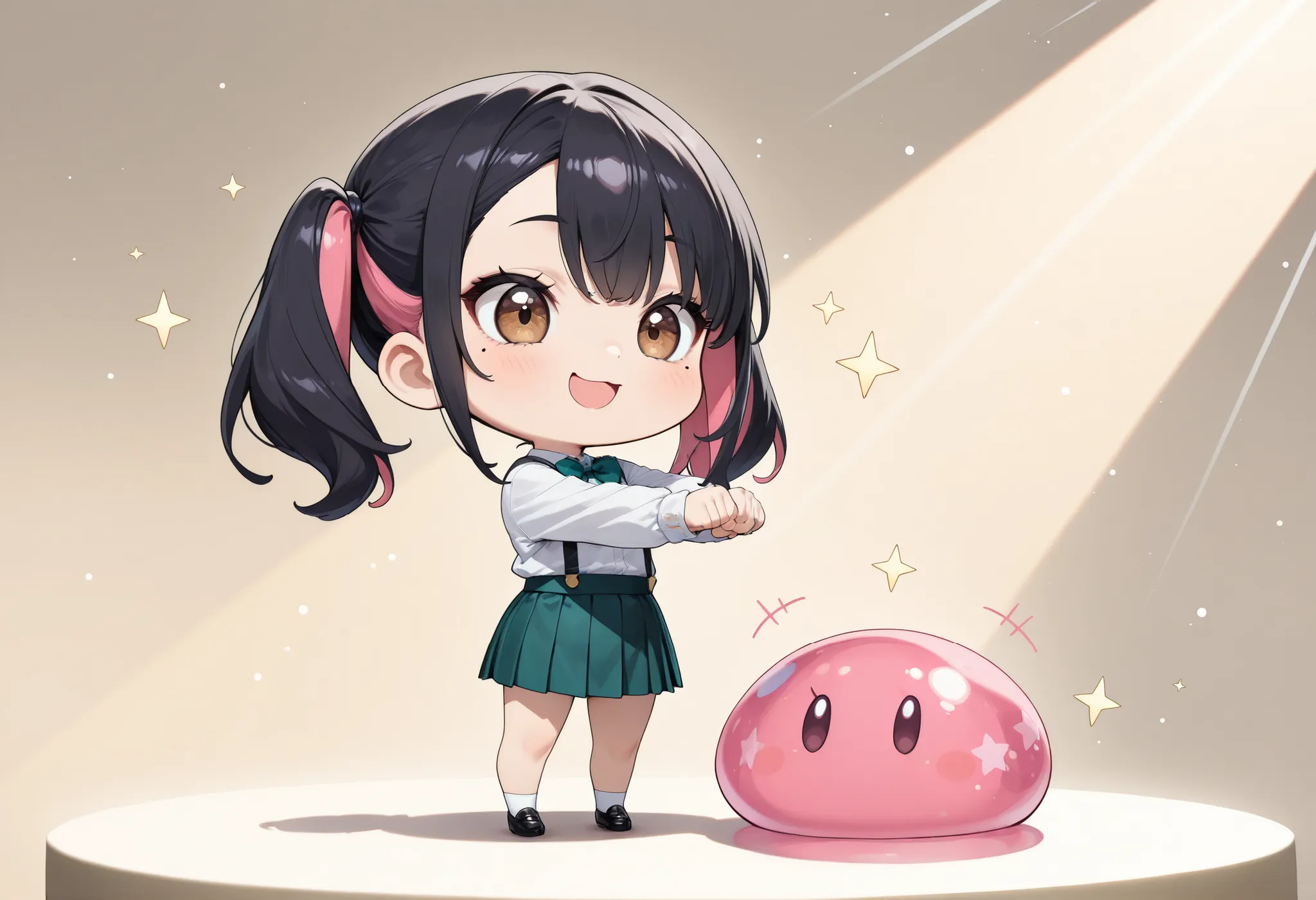 cute slime face, ((goo-punch slime, flying star effect)), 1 girl, Minami Yoshikawa, black hair with pink inner color hair, twin tails, asymmetrical hair, brown eyes, mole under the eye, slight build,  laugh, hit, stick out your fist, スライムをhit:1.4, Sparklin...