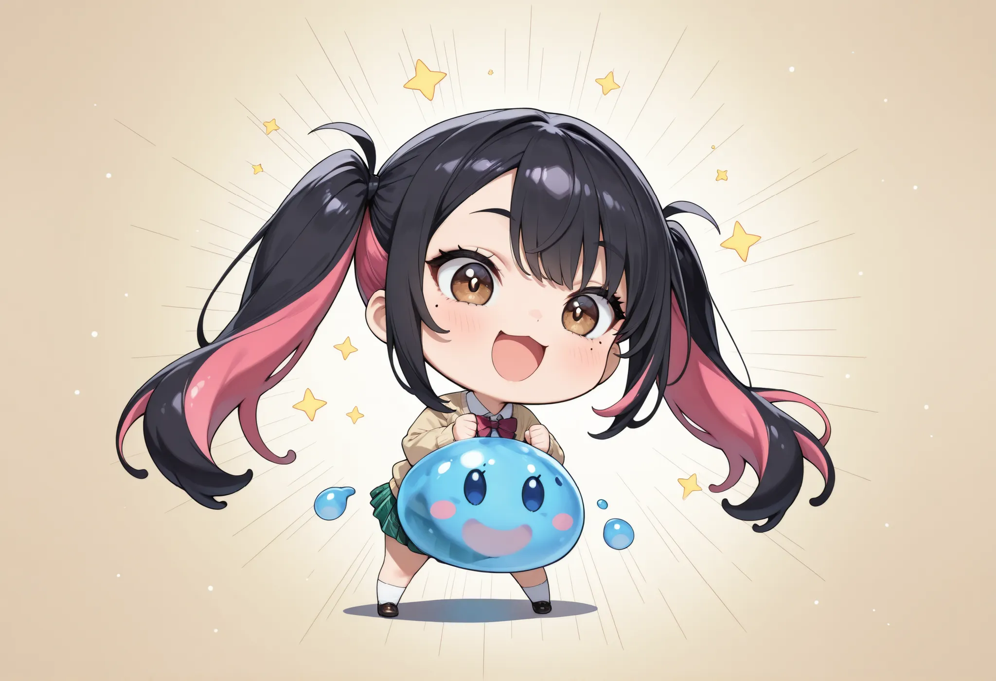 cute slime face, ((goo-punch slime, flying star effect)), 1 girl, Minami Yoshikawa, black hair with pink inner color hair, twin tails, asymmetrical hair, brown eyes, mole under the eye, slight build,  laugh, hit, stick out your fist, スライムをhit:1.4, Sparklin...