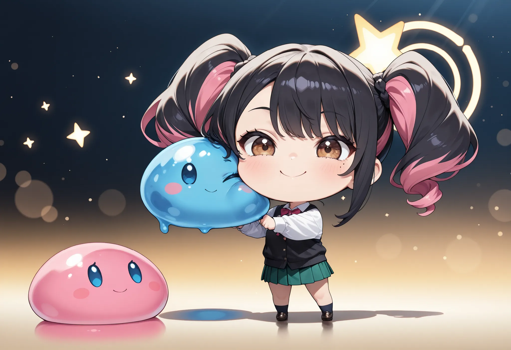 cute slime face, ((goo-punch slime, flying star effect)), 1 girl, Minami Yoshikawa, black hair with pink inner color hair, twin tails, asymmetrical hair, brown eyes, mole under the eye, slight build,  laugh, hit, stick out your fist, スライムをhit:1.4, Sparklin...