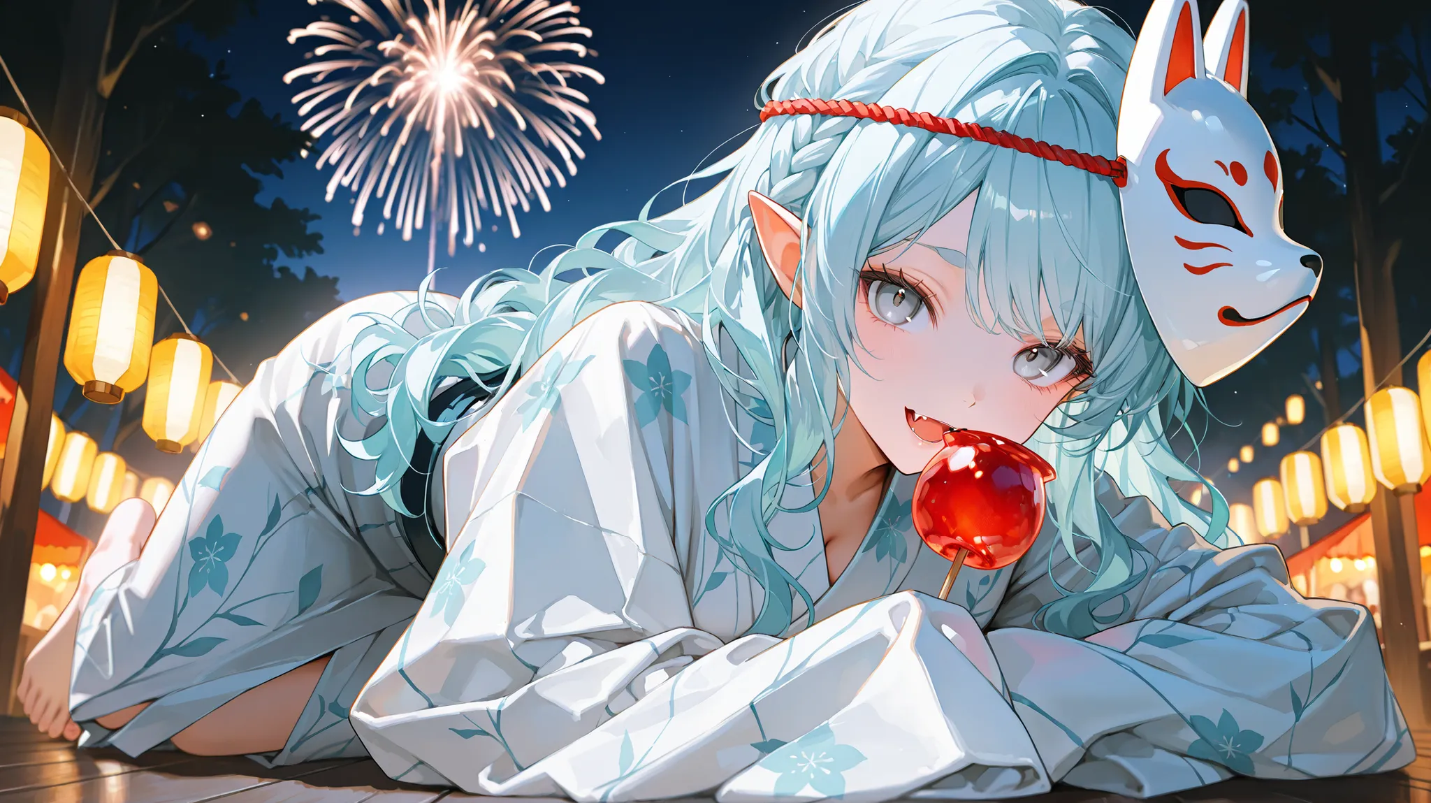 Close up, dark lighting, dark space,summer, night, festival, japan, wooden floor, fireworks, quiet forest, 1 girl, solo, cute girl, Beauty, cute a round face, light blue hair, long wavy hair down to hips with bangs, gray eyes, vertical pupils, very sharp s...