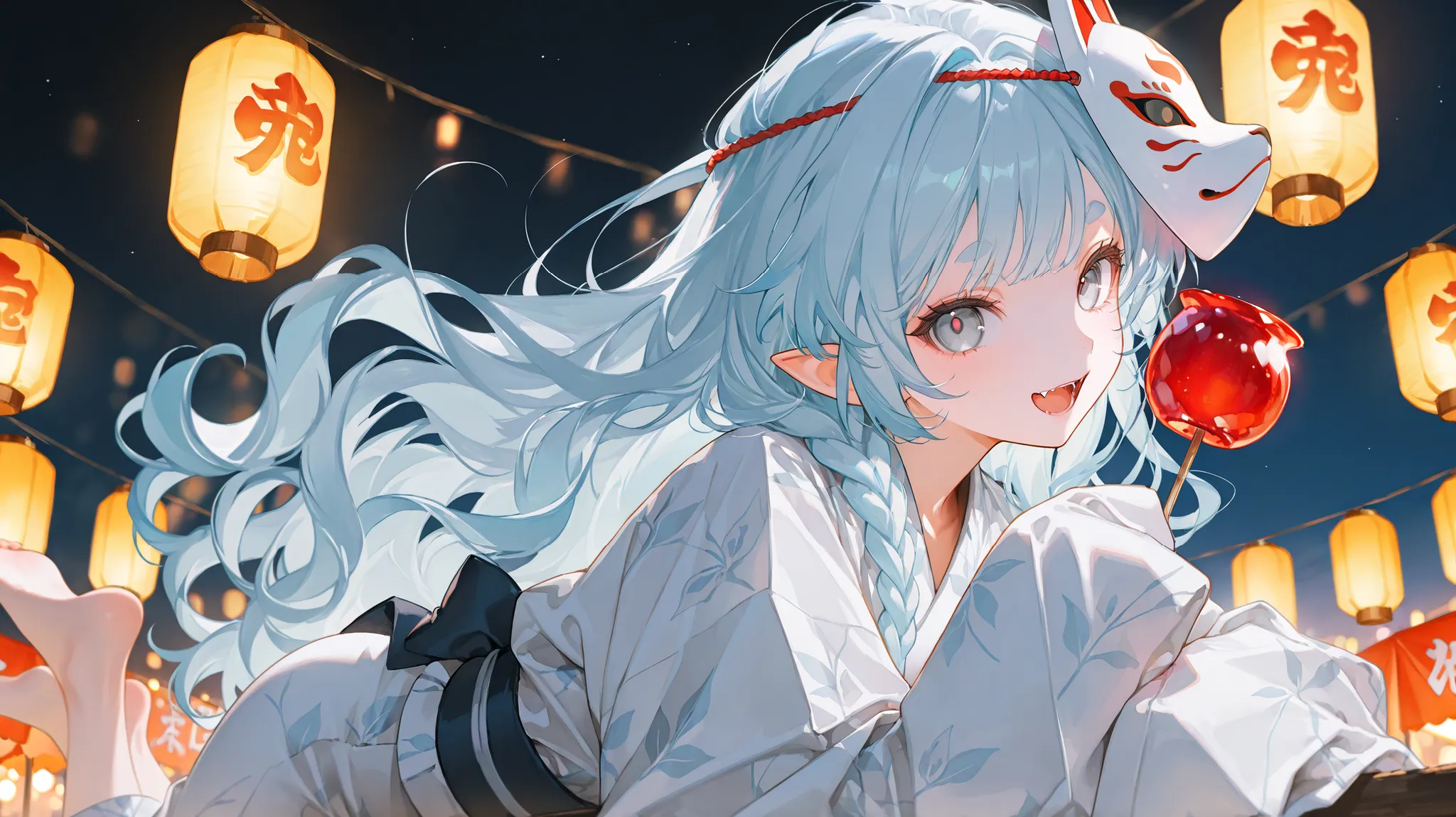 Close up, dark lighting, dark space,summer, night, festival, japan, lanterns, 1 girl, solo, cute girl, Beauty, cute a round face, light blue hair, long wavy hair down to hips with bangs, gray eyes, vertical pupils, very sharp small fangs, slightly pointed ...