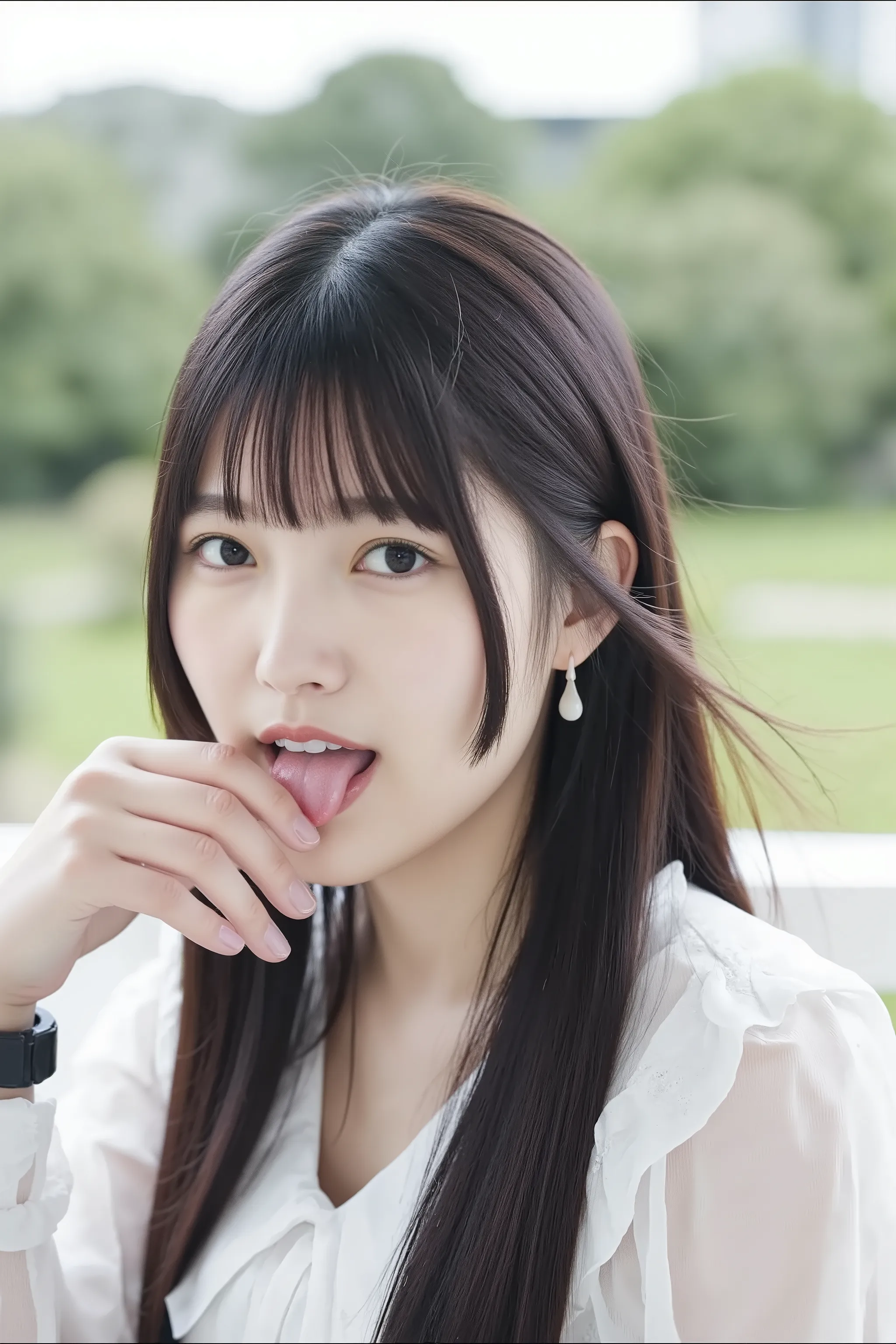 A professional realistic high resolution photograph of a young Japanese woman. Her hairstyle is straight long glossy black hair with blunt bangs. She wears a frilled puffy sleeve dress. She has flawless porcelain-white skin, tall, slender body and flat che...