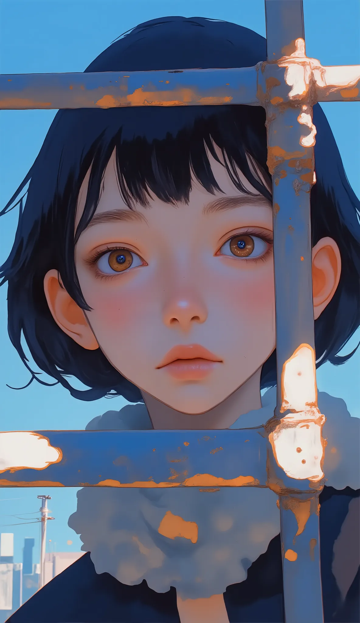 青い空を背景にフェンスを通して見ているanimeキャラクター, close up of other iwakura, Akira's Tetsuo , Future Tetsuo , other iwakura, Shinji, animes, other, mamoru hosoda, anime傑作, other serial experiments, up close shot Shinji aramaki, anime静止画, anime