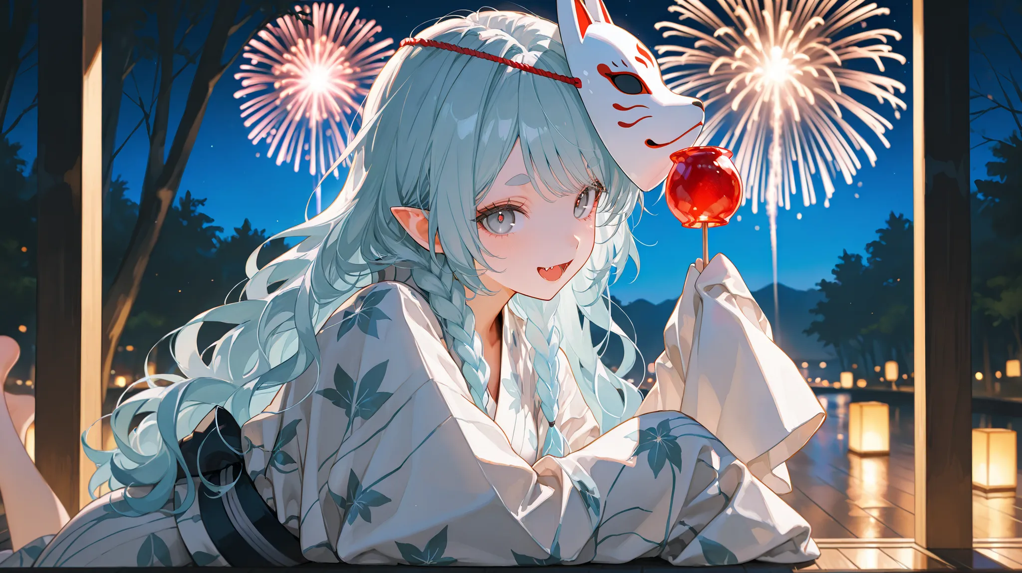 Close up, dark lighting, dark space,summer, night, festival, japan, wooden floor, fireworks, quiet forest, 1 girl, solo, cute girl, Beauty, cute a round face, light blue hair, long wavy hair down to hips with bangs, gray eyes, vertical pupils, very sharp s...