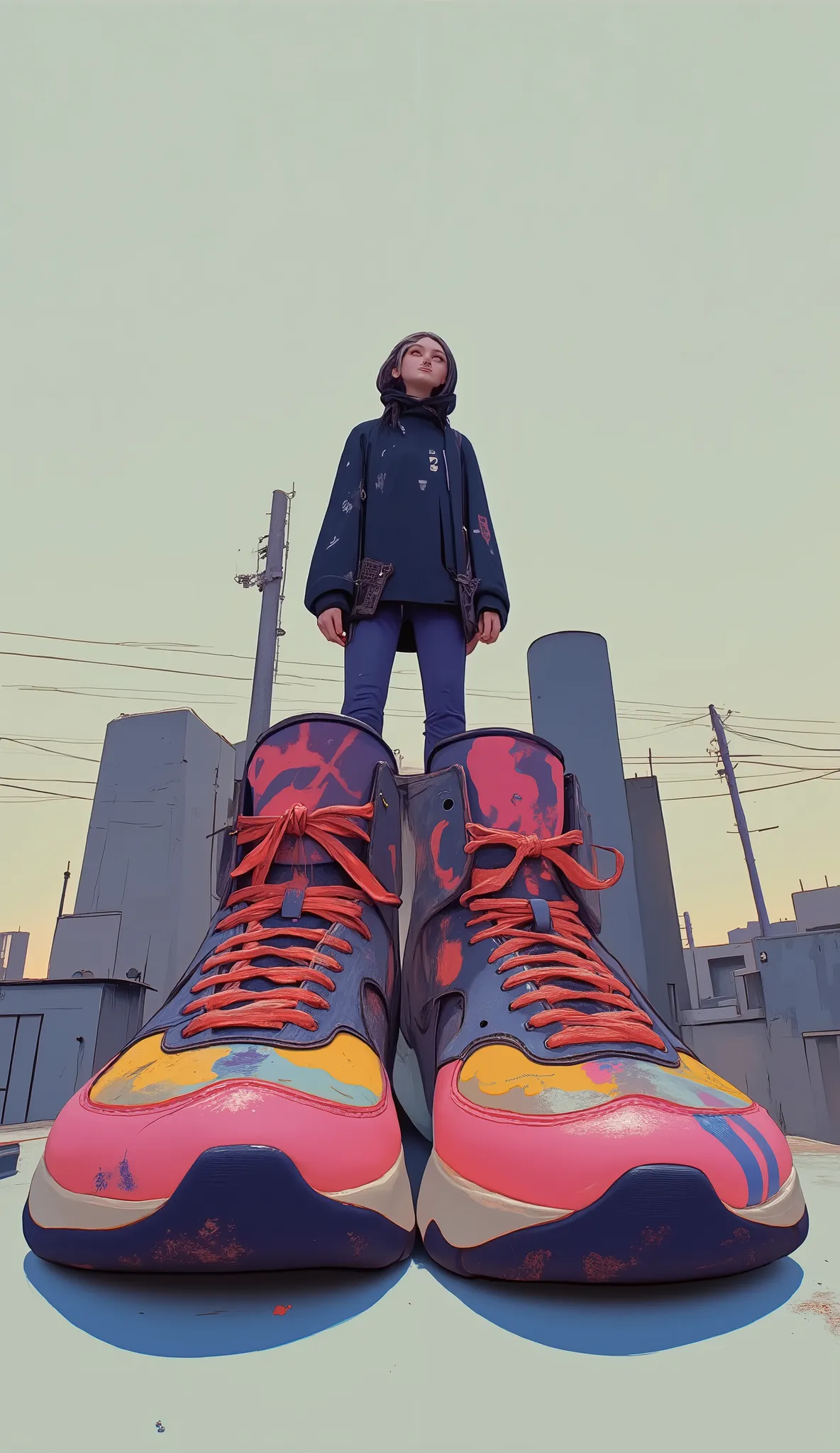 a close up of a pair of shoes with a person standing on one of them, sneakersデザイン, sneakers, バスケットボールsneakersのコンセプトアート, low res, battle shoes, 2D Style, sneakersの写真, sneaker shoes, デジタルアート - w 640, Gorillaz Style, digital art from Danganronpa, hip hop sty...