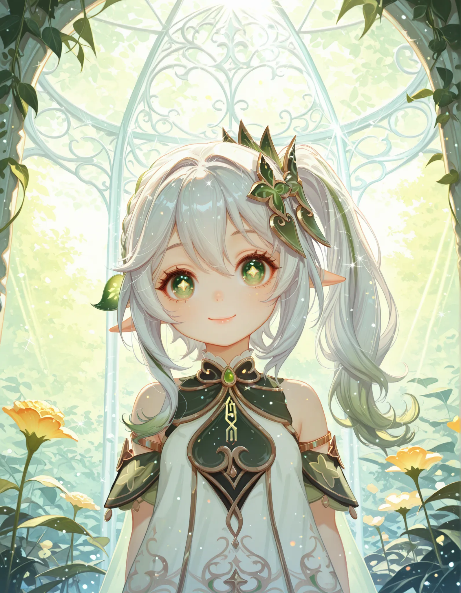 safe, masterpiece, best quality, good quality, very aesthetic, absurdres, newest, 1girl, solo, young, white hair, side ponytail,pointy ears, detailed eyes, nahida genshin_impact, smiling,long eyelashes, thick eyelashes, large eyes, detailed eyes, simple ba...