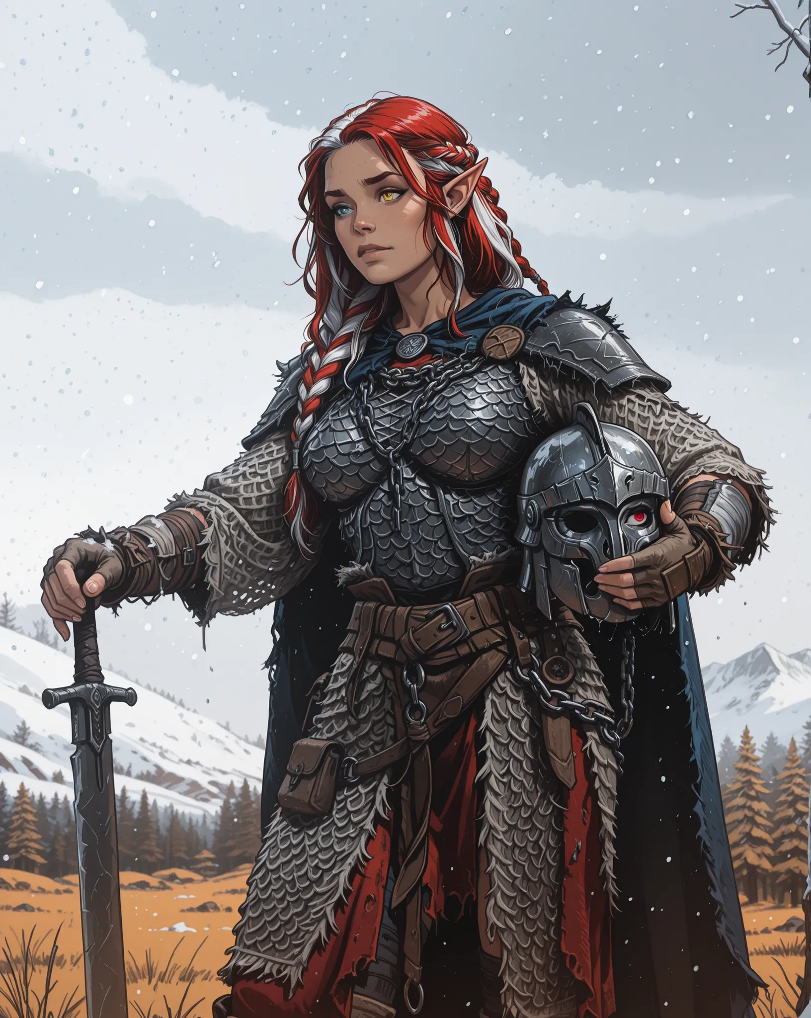 Generate a dungeons and dragons character; an older female fighter elf with white skin. She has multicolored hair: both white and red hair in a braid. She has heterochromia: one eye is blue and the other eye is yellow. She is wearing loose Roman chain-mail...