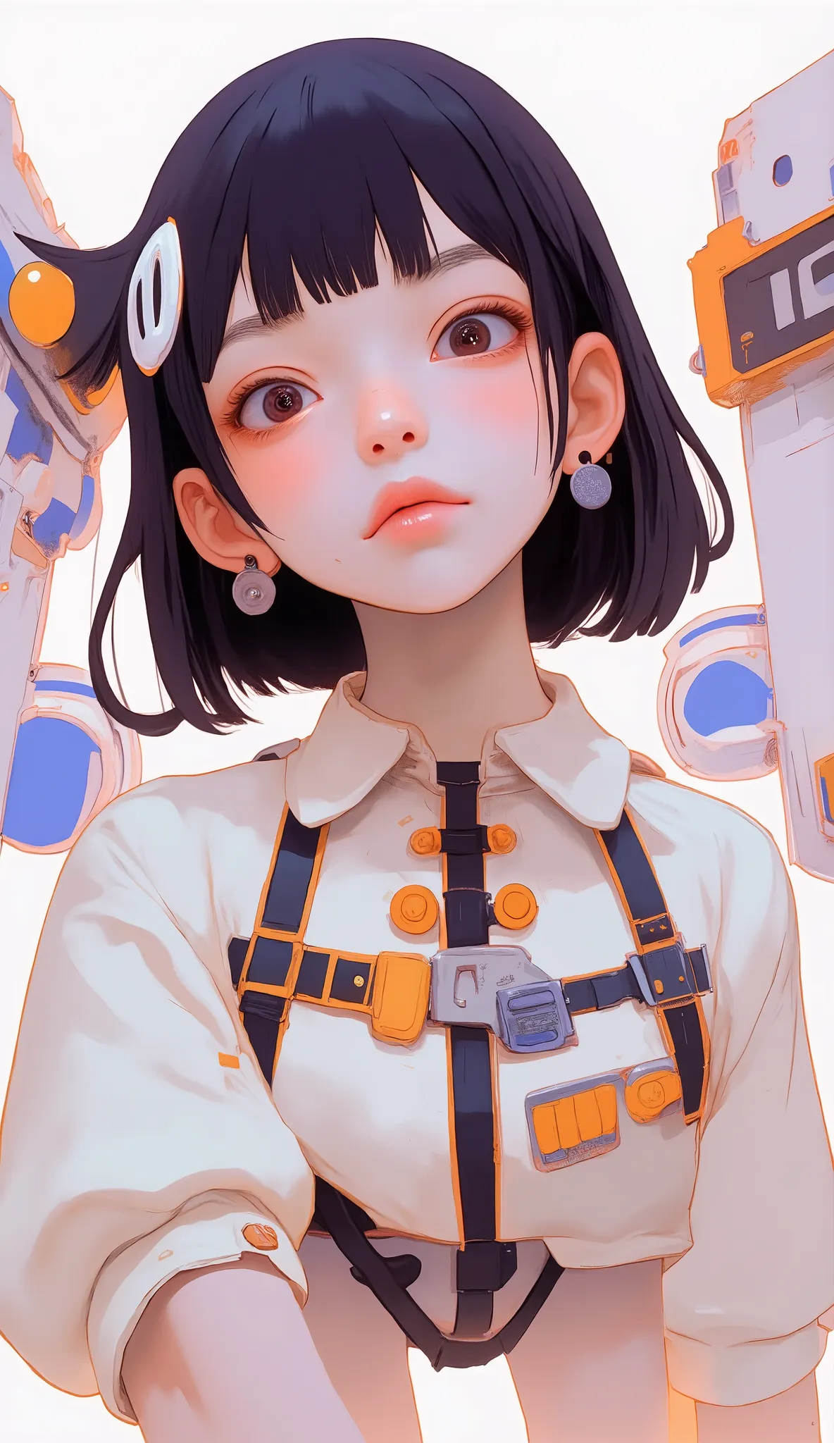 この画像teeth感覚を捉えていますモダンさとハイテク美学 {x} 未来的なセッティングのイラスト入りのキャラクターteeth、wear intricate bodysuits featuring sophisticated designs with white and black elements accented with vibrant orange lines。. their hair , with prominent numbers, Decorated with、in a voluminous...