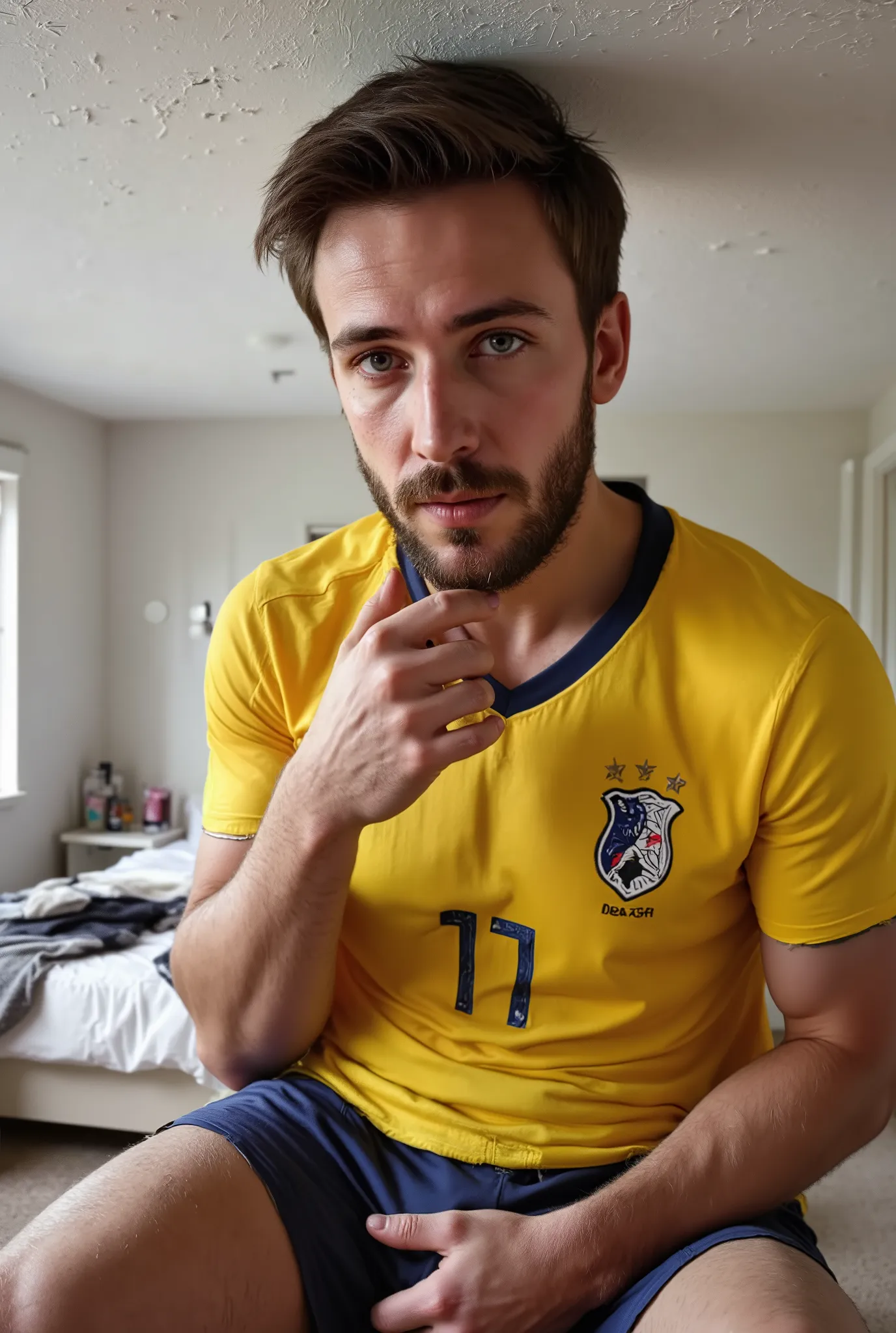  man , Sensual, high, moreno,  athletic, lean body, very skinny body, skinny defined jaw, Straight Nose,   penetrating blue eyes  ,     short brown hair ,  Looks like it's Chris Evans , well-groomed beard ,  mature and airy face ,  full body ,  realistic i...