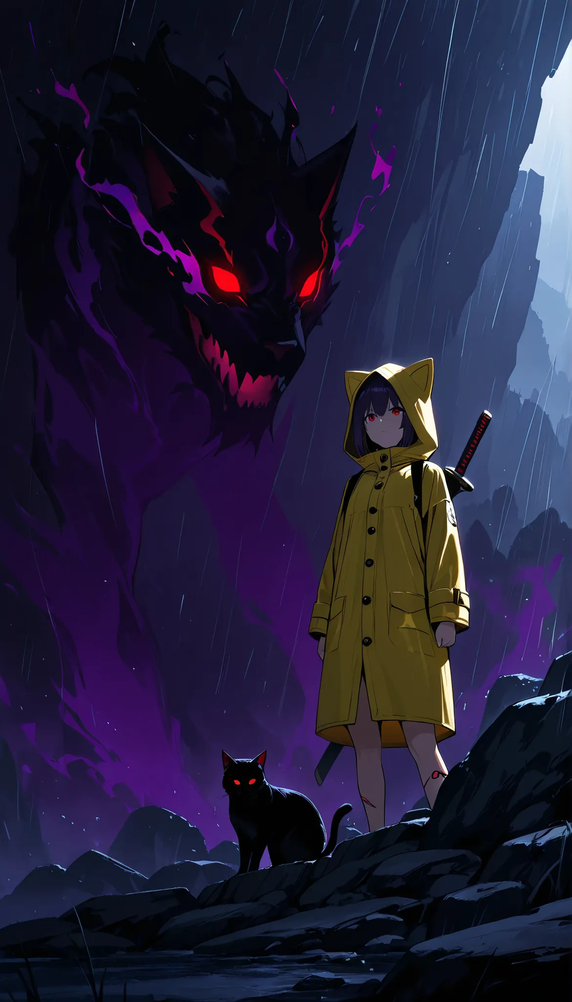 score_9, score_8_ up, score_7_ up, Takeda, A white anthropomorphic cat warrior wearing a bright yellow raincoat with toggle buttons and cat-ear hood, standing on a rocky ledge. The cat has red eyes, a calm but serious expression, and a katana sheathed on i...