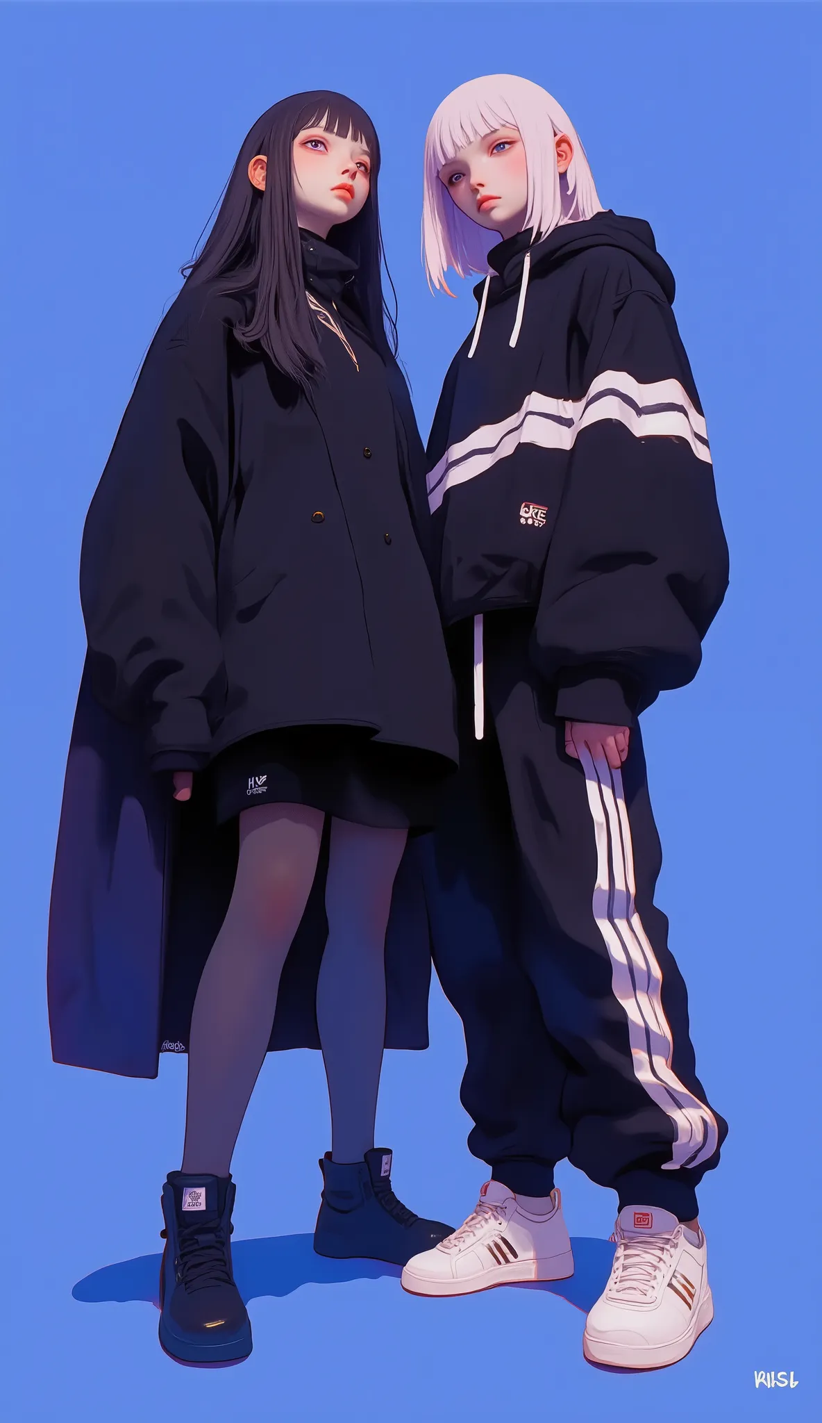 two people standing on a bright blue background, stylized with black and white contrasts. on the left, people wearing sophisticated coats and skirts, that lacks environmental context、, suggests elegant yet minimal fashion. The second figure, slouching slig...