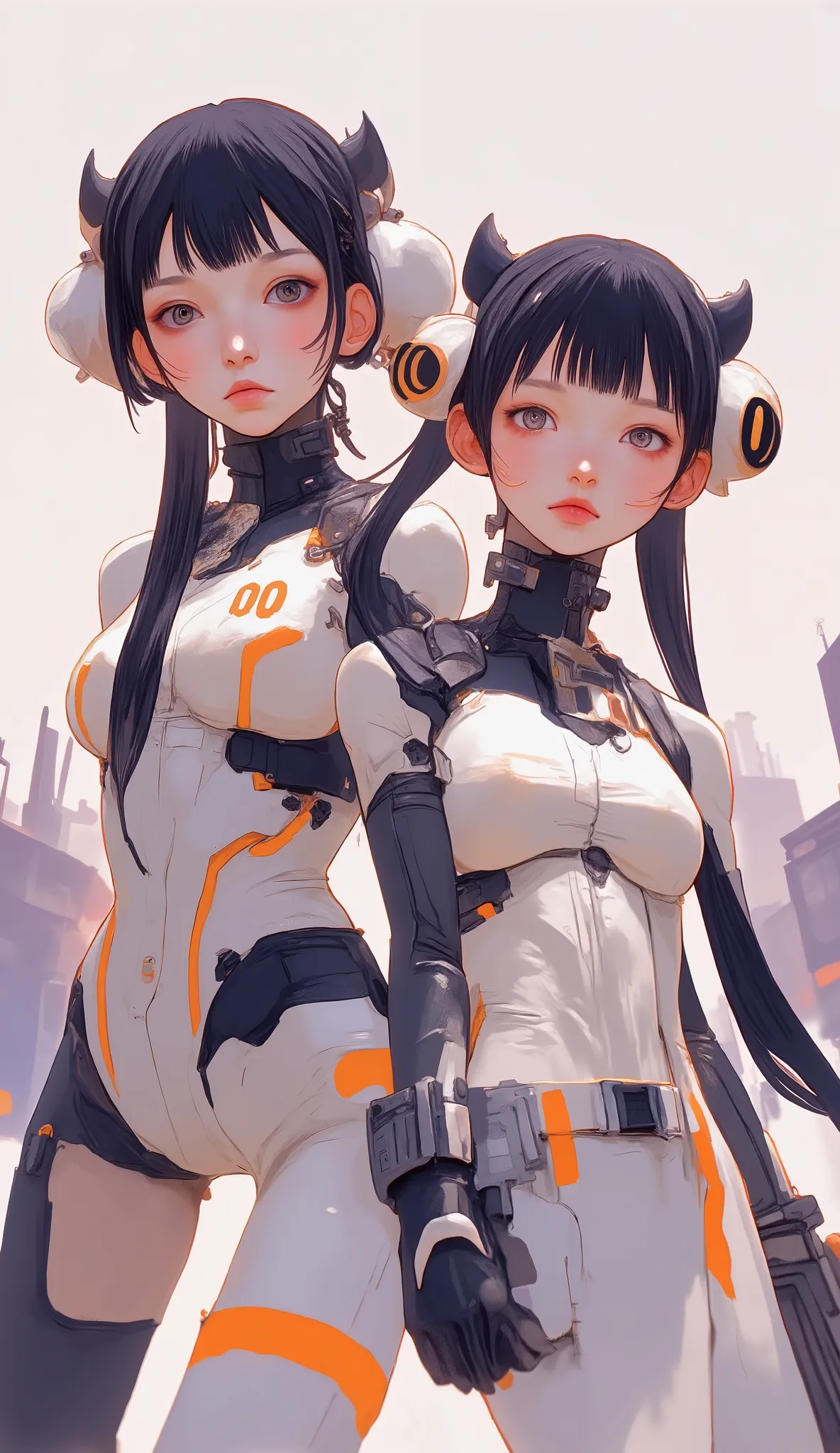 この画像teeth感覚を捉えていますモダンさとハイテク美学 {x} 未来的なセッティングのイラスト入りのキャラクターteeth、wear intricate bodysuits featuring sophisticated designs with white and black elements accented with vibrant orange lines。. their hair , with prominent numbers, Decorated with、in a voluminous...