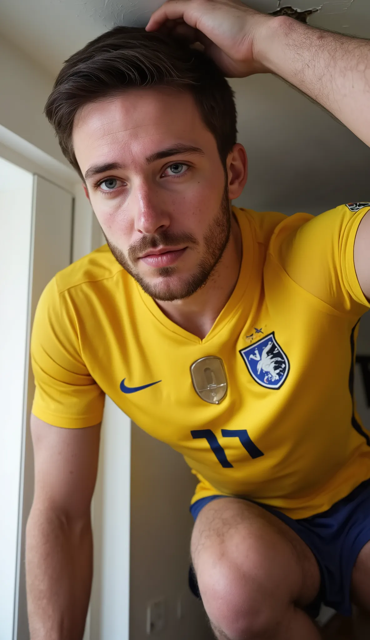  man , Sensual, high, moreno,  athletic, lean body, very skinny body, skinny defined jaw, Straight Nose,   penetrating blue eyes  ,     short brown hair ,  Looks like it's Chris Evans , well-groomed beard ,  mature and airy face ,  full body ,  realistic i...