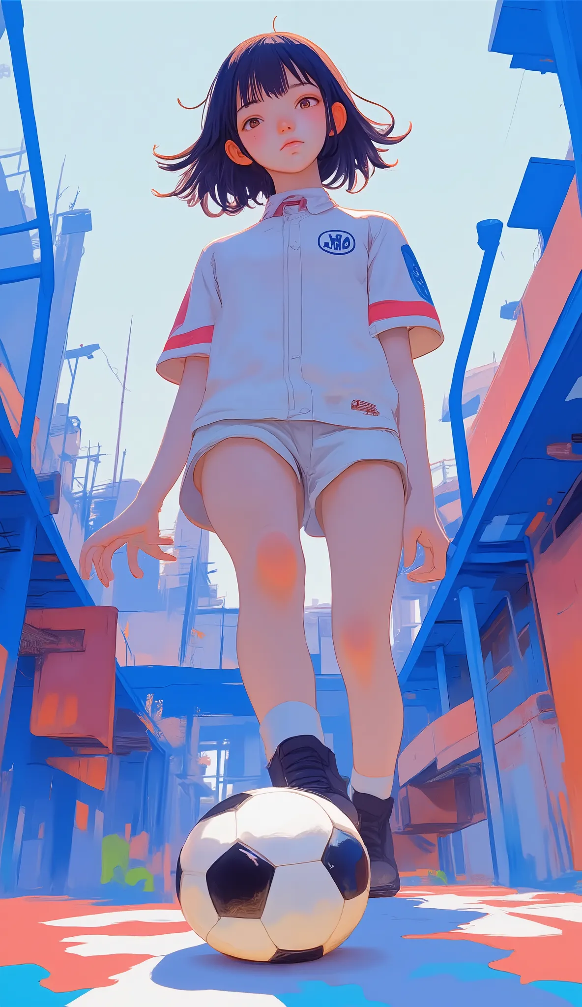 A dynamic illustration of a soccer player lifting on a miniature stadium、grabs viewers' attention. athletes are midstride, donning a white jersey with red blue accents, and white shorts, knee socks, black cleats. The player's posture suggests agility speed...