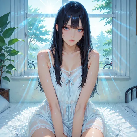masterpiece, high quality, 4k, best quality, dynamic lighting, first-person view, Anime style scene from a first-person perspective. A tall young woman with dark long hair, wearing a thin white nightgown, sits beside the viewer on a bed. Morning sunlight s...