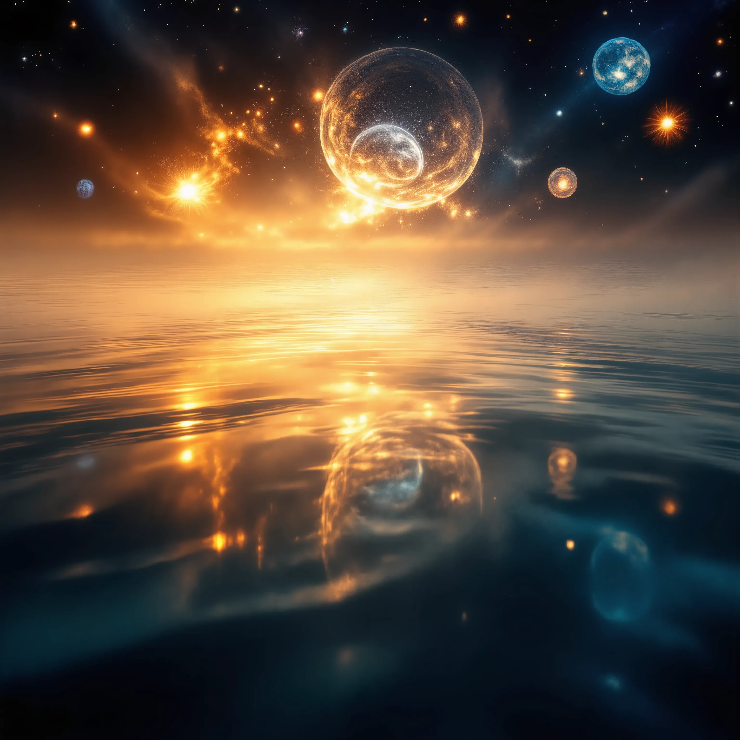 A large expanse of water in space, with images of beautiful reflected in it.rearistic,wave water,ultra clear colors , Mystical and fantastical, ((various colors,gradation)),yellow lighting