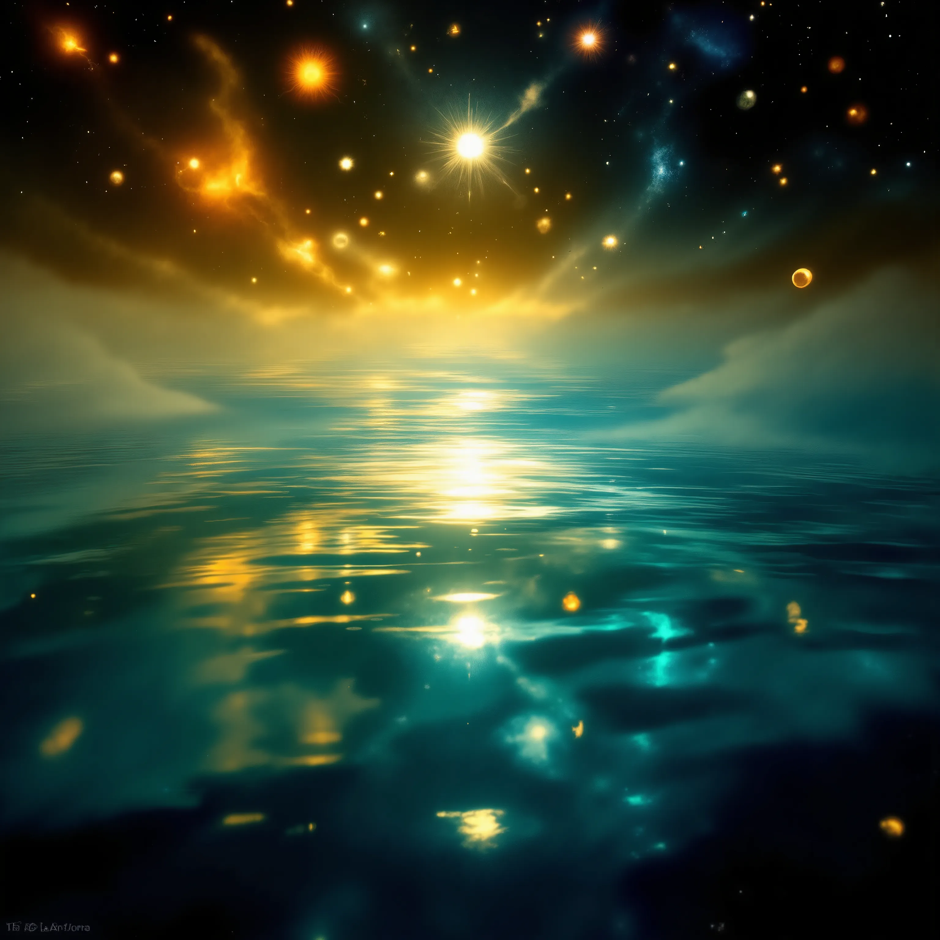 A large expanse of water in space, with images of beautiful reflected in it.rearistic,wave water,ultra clear colors , Mystical and fantastical, ((various colors,gradation)),yellow lighting