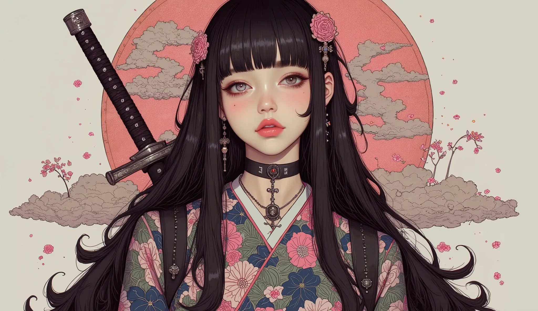 (masterpiece, ultra detailed,best quality), SIMPLE BACKGROUND (((1 female))), (((dragon pattern kimono))),(((samurai sword at the back))), (((Very flashy makeup))) Japanese style headphones,sunglases, Japanese beautiful girl, MULTICOLOR Hair, Delicate and...