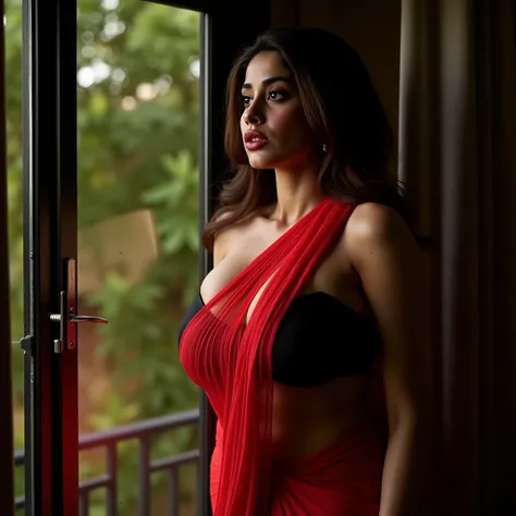 a tall indian bombshell bhabhi of 33 with sultry makeup, wearing red semi transparent sari over a sleeveless black blouse, staring out of her window, detailed facial features, seductive expression, dramatic lighting, moody atmosphere, cinematic, intricate ...