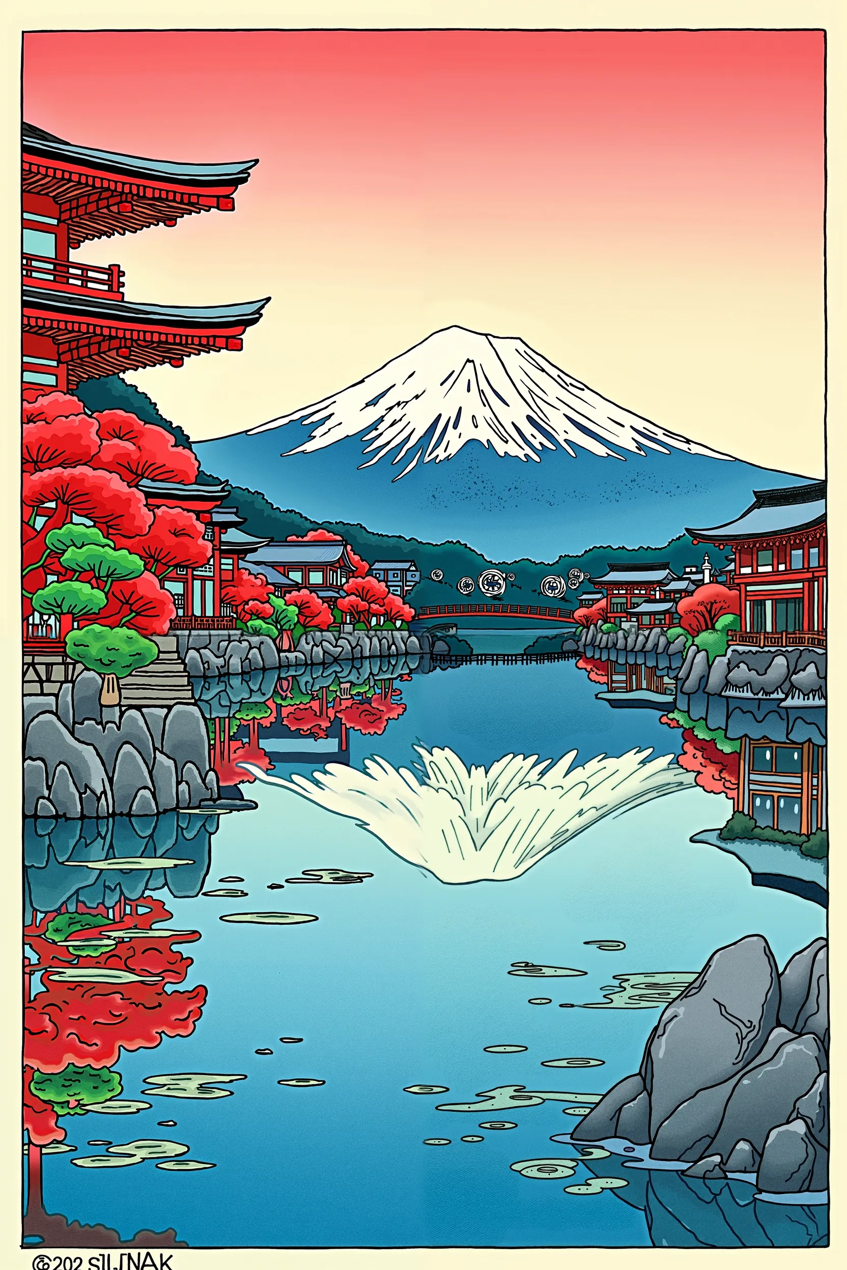 Ukiyo-e、colorful ink painting、futuristic buildings line up around the lake、and Mt. Fuji、 Mt. Fuji Reflected on the Water、Fusion of Japan and science fiction、4:Image of 3