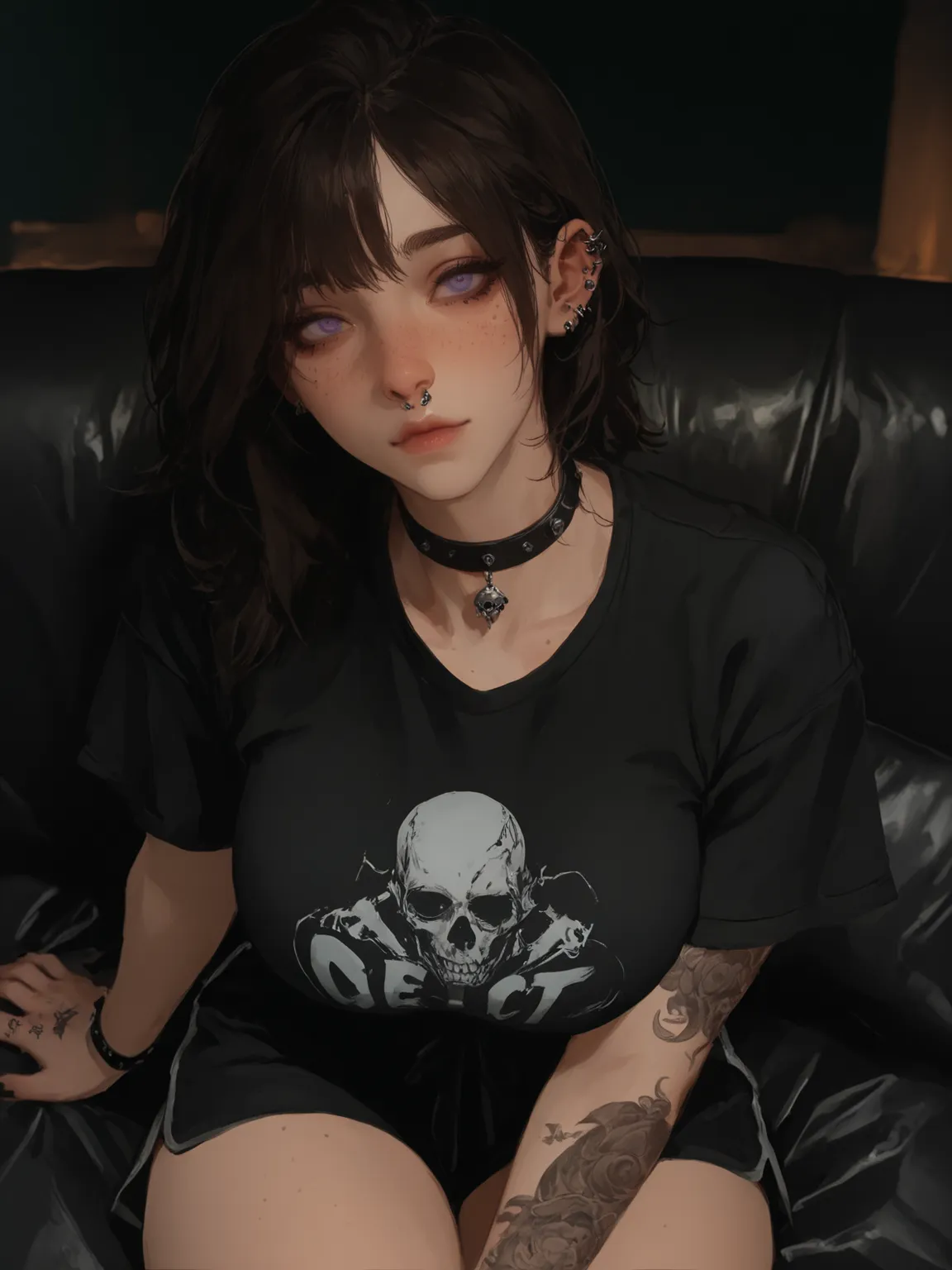 {{masterpiece}} 1girl. Brunette. Goth. Black tie hair. Violet eyes. Nose piercing, ear piercing. Tattoo on hand. wearing a black T-shirt and black shorts. There is a black choker on the neck. big breast, perfect ass. freckles on face. frightened expression...