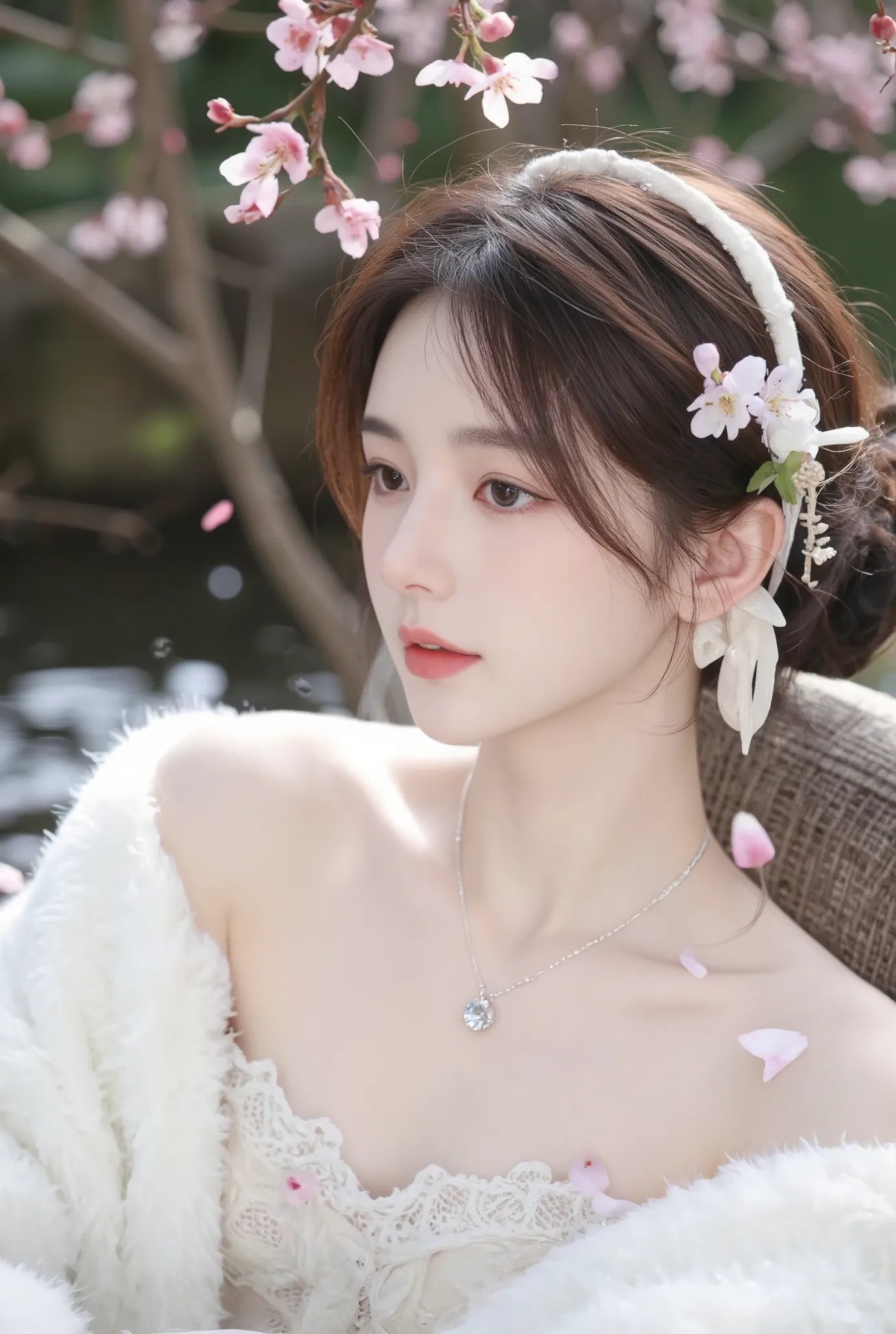 Nude 4K, UHD, masterpeice, 1 girl, skinny, good face, detailed eyes, detailed lips, very long hair, twisted hair, very long hair, beautiful hair, hair ornaments, hairband, gradient hair, white fur robe, ((exposing breast)), sardine, ((revealing dress)), ((...