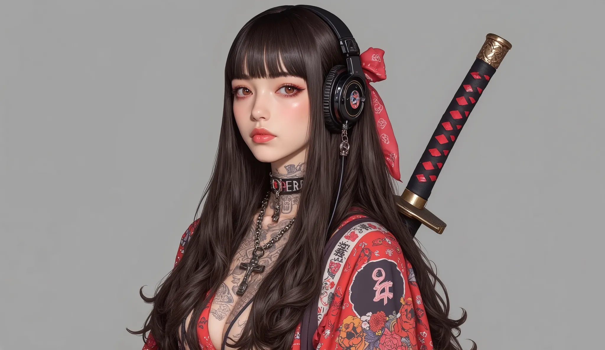 (masterpiece, ultra detailed,best quality,(((simple backgorund))), (((hip hop girl))), (((1 girl))), (((Flashy makeup))), (((Japanese style headphones))),((samurai sword at back )), (((kimono ))),(((TATOO))), beautiful girl, long multiCOLOR Hair, Delicate...