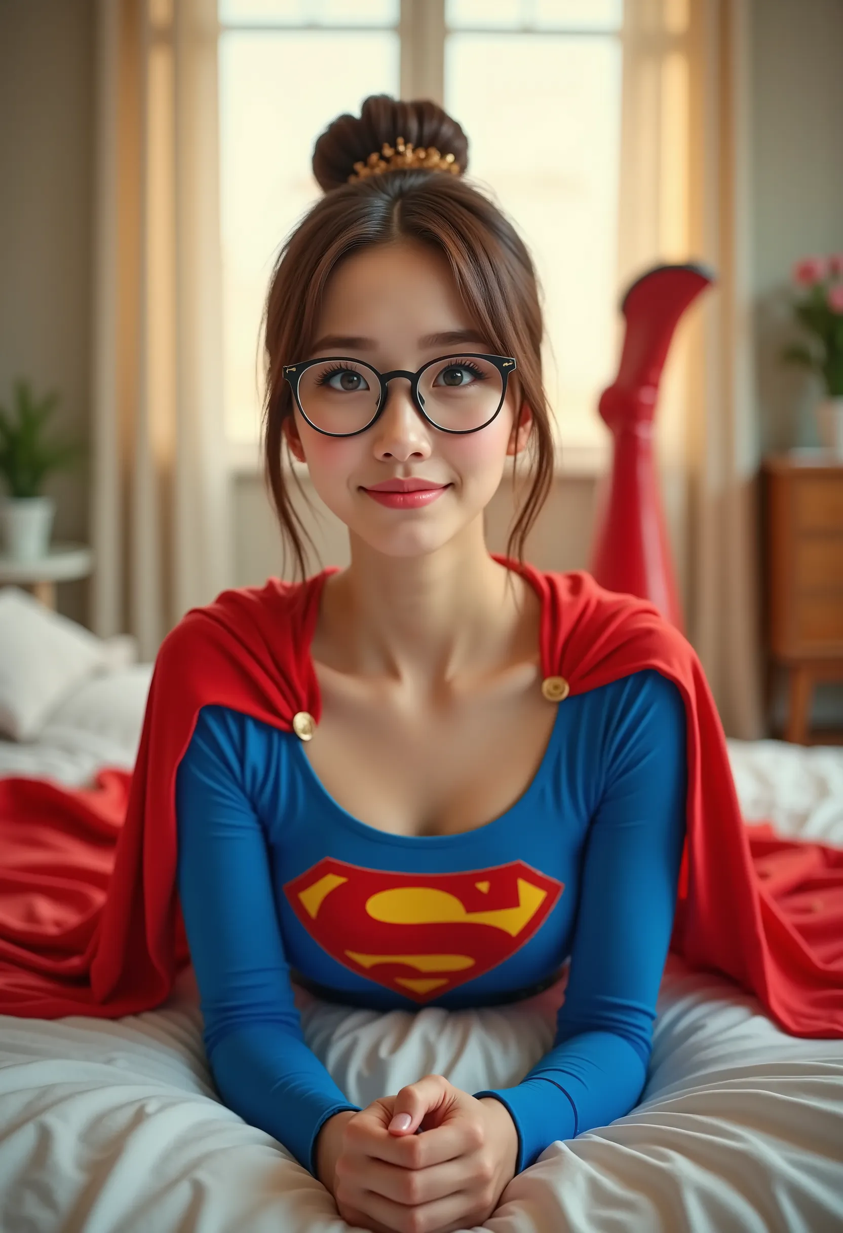 Professional 8K ultra-detailed photo-realistic image of a thin ATTRACTIVE CUTE college gal IN HER EARLY 20'S, small waist, big thick breast, brown hair in a messy bun, freckles, and parted lips. She has striking detailed blue eyes, wearing glasses, a raise...