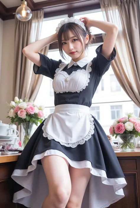 I'm bowing lightly to thank you、(Highest Quality、table top、8k、best image quality、超A high resolution:1.5, (photorealistic:1.4),masterpiece:1.2,(top-quality:1.4)、Raw photo)、Woman working at a cafe、maid clothes、maid clothesを着たcafe clerk、(highlight your body ...